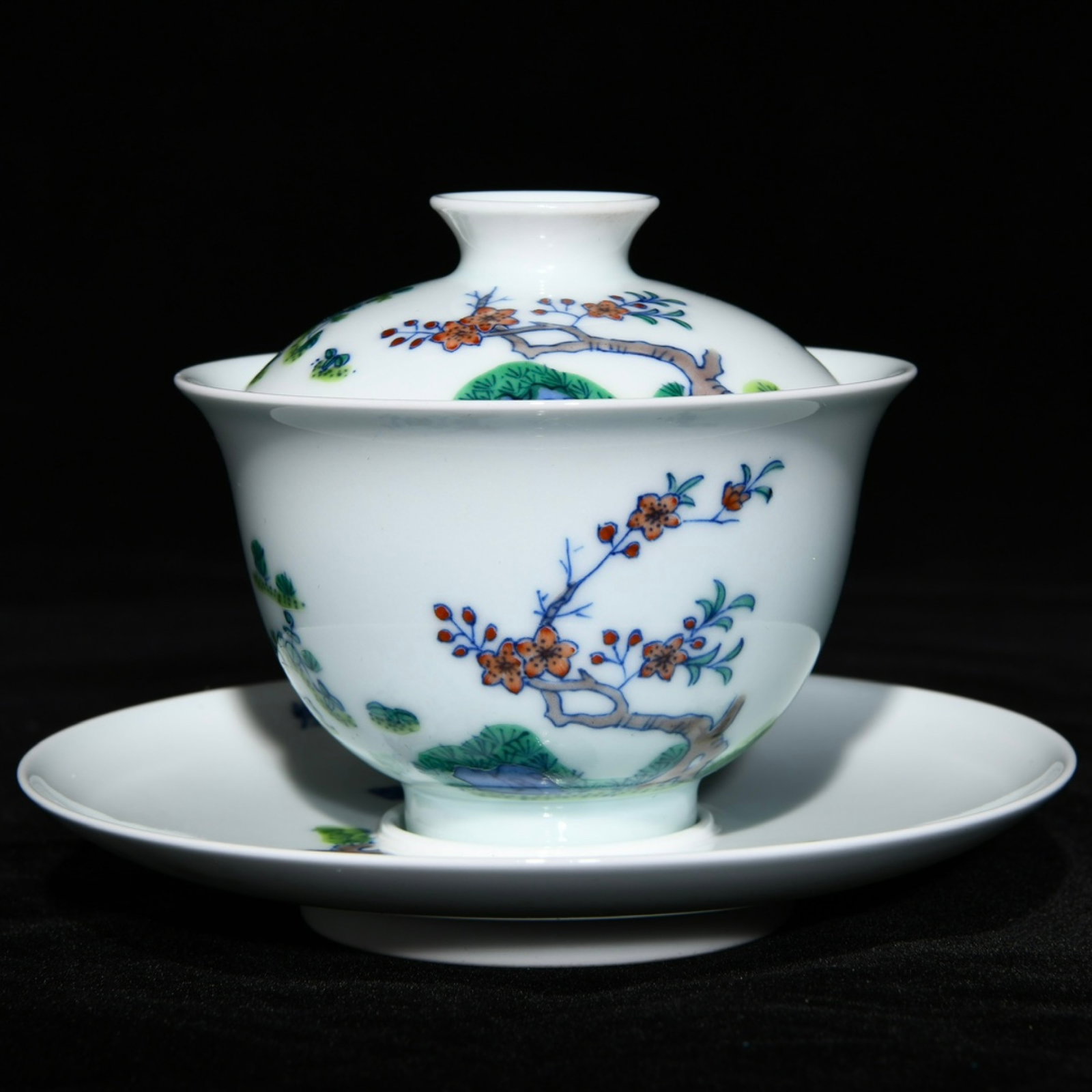 An Exquisite Blue and White Doucai Flower Pattern Bowl with Cover,with Plate,with poem: An Exquisite Blue and White Doucai Flower Pattern Bowl with Cover,with Plate,with poem,Qing Dynasty,China,Kangxi Six-character Mark,Size:3.1inx4.6in 青花斗彩花卉