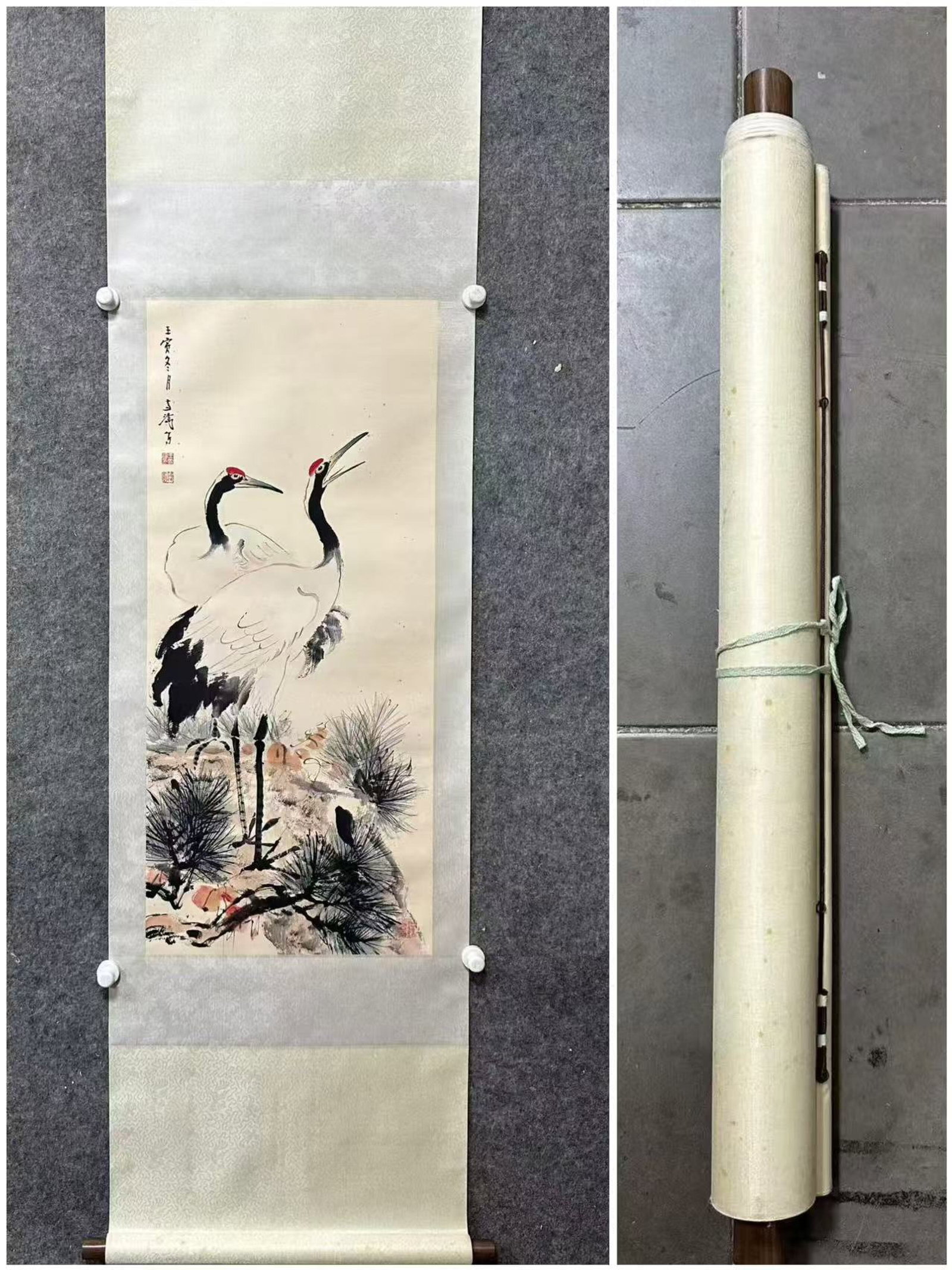 A Chinese Vertical Scroll Ink Painting of Pine and Crane on Paper (1 of 8)