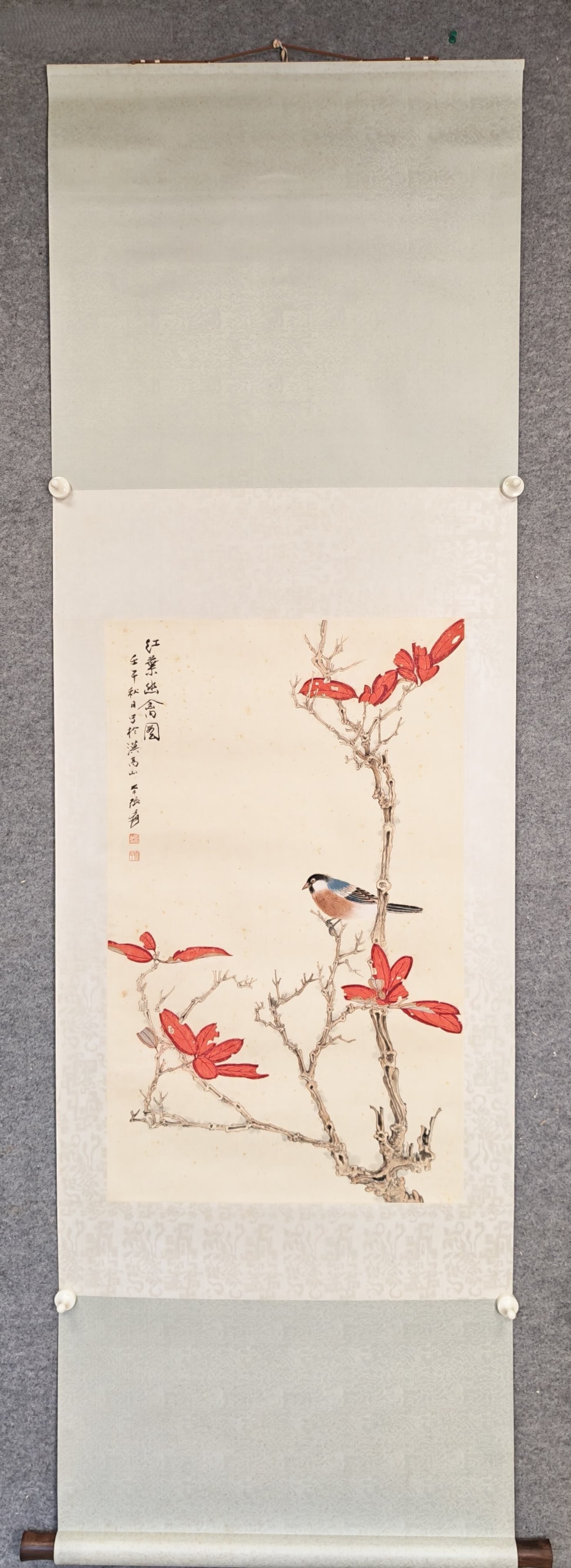 A Chinese Vertical Scroll Ink Painting of Flower and Bird on Paper: A Chinese Vertical Scroll Ink Painting of Flower and Bird on Paper,Zhang Daqian,Size:19.7inx32.3in 一幅中国水墨花鸟画立轴,张