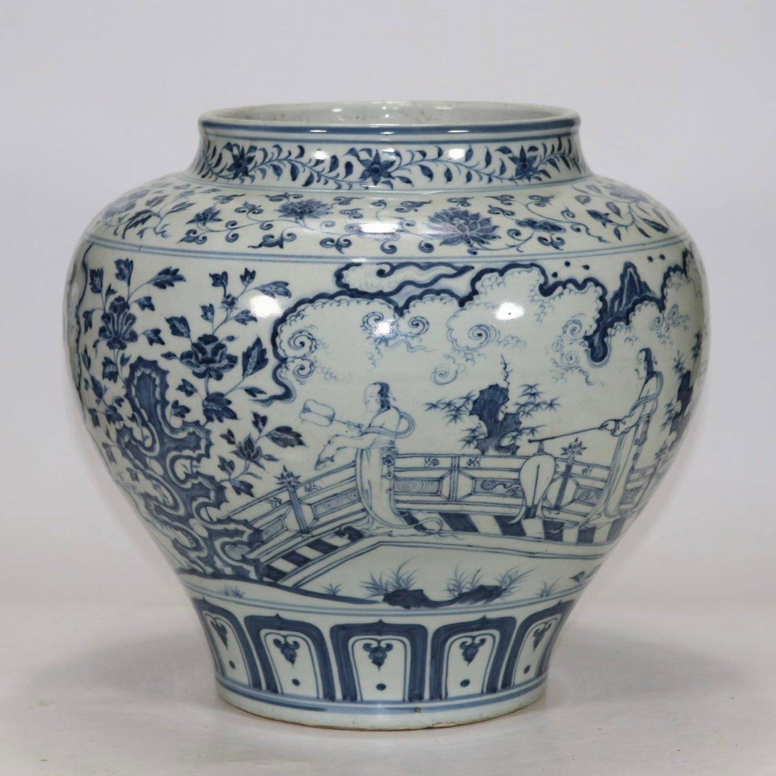 A Rare Blue and White Character and Story Pattern Jar: A Rare Blue and White Character and Story Pattern Jar,Ming Dynasty,China,Size:12.4inx7.9in 青花人物故事纹罐,中国明代