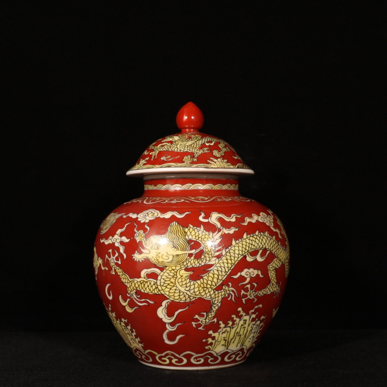 An Exquisite Red Ground Yellow Glazed Auspicious Cloud and Dragon Pattern Tea Caddy: An Exquisite Red Ground Yellow Glazed Auspicious Cloud and Dragon Pattern Tea Caddy,Ming Dynasty,China,Jiajing Six-character Mark,Size:9.1inx7.1in 红地黄釉祥云Ƙ