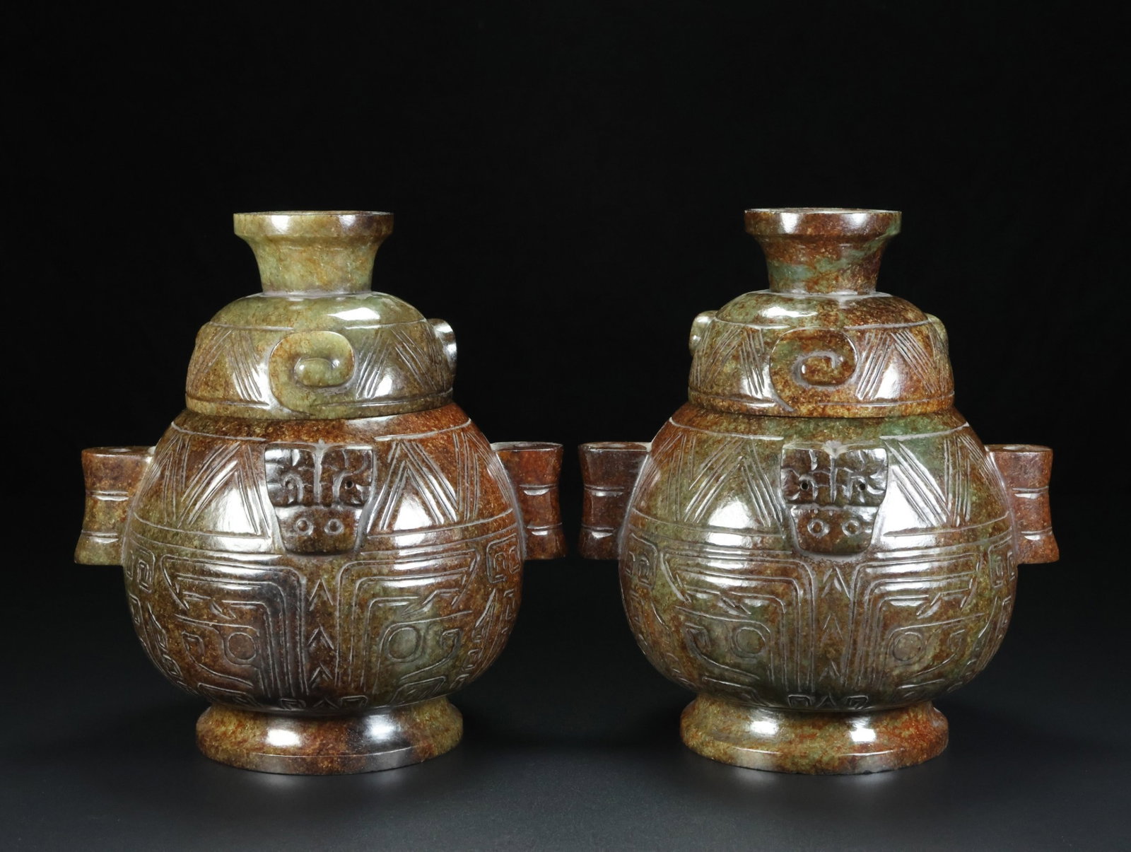 A Pair of Exquisite Archaic Jade Beast-Face Pattern Double-Ears Censers: A Pair of Exquisite Archaic Jade Beast-Face Pattern Double-Ears Censers,Ancient Time,China,Size:7.1inx6.7inx5.9in,Weight:2330g
