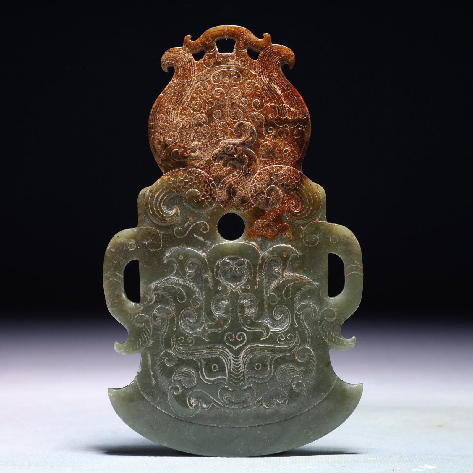 An Exquisite Jasper Beast-Face Pattern Pendant: An Exquisite Jasper Beast-Face Pattern Pendant,Qing Dynasty,China,Size:3.5inx5.9in,Weight:181.7g 碧玉兽面纹挂件,中国清代