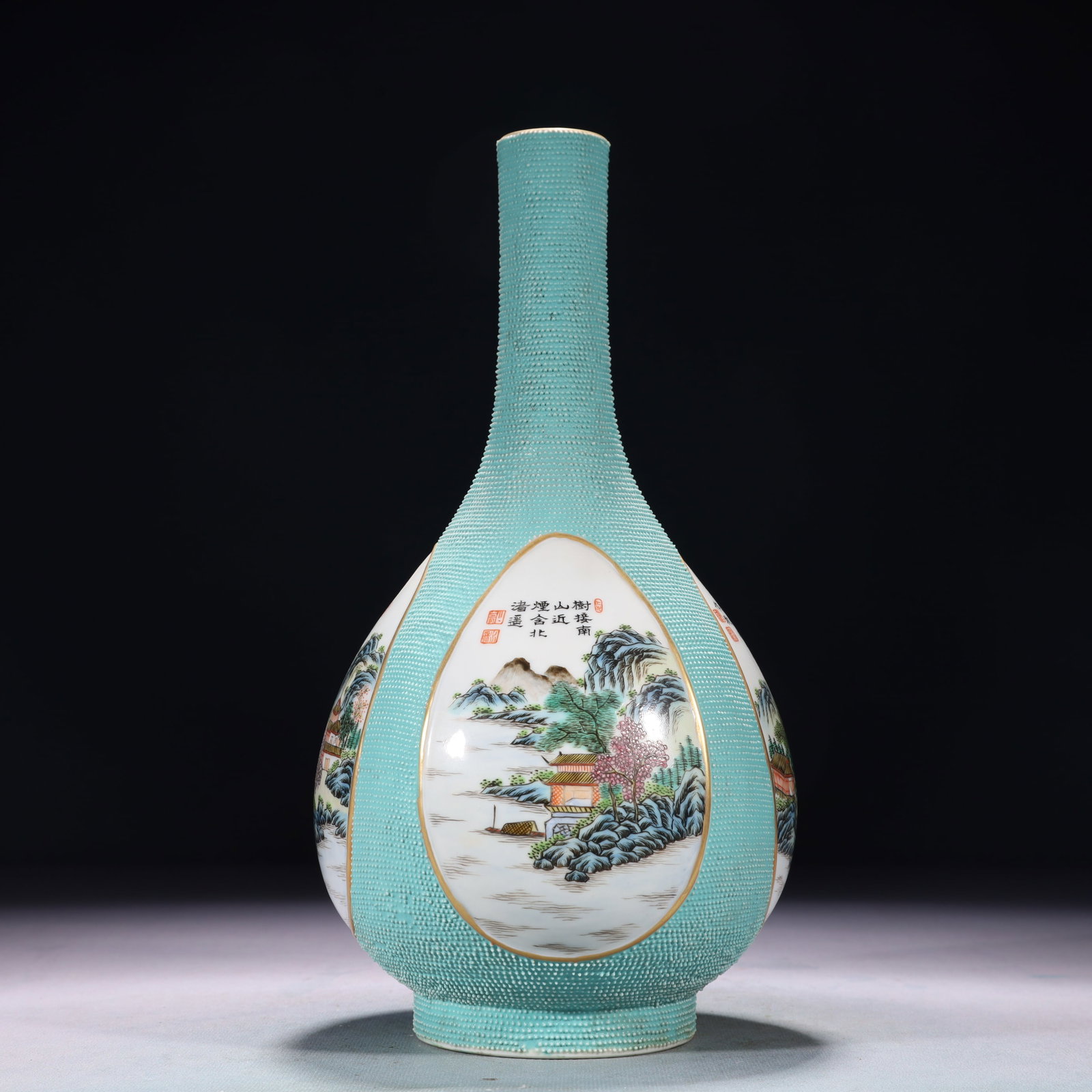 An Exquisite Turquoise Glazed Famille-Rose Landscape Pattern Vase,with poem: An Exquisite Turquoise Glazed Famille-Rose Landscape Pattern Vase,with poem,Qing Dynasty,China,Qianlong Six-character Mark,Size:5.1inx11.4in,Weight:1350g