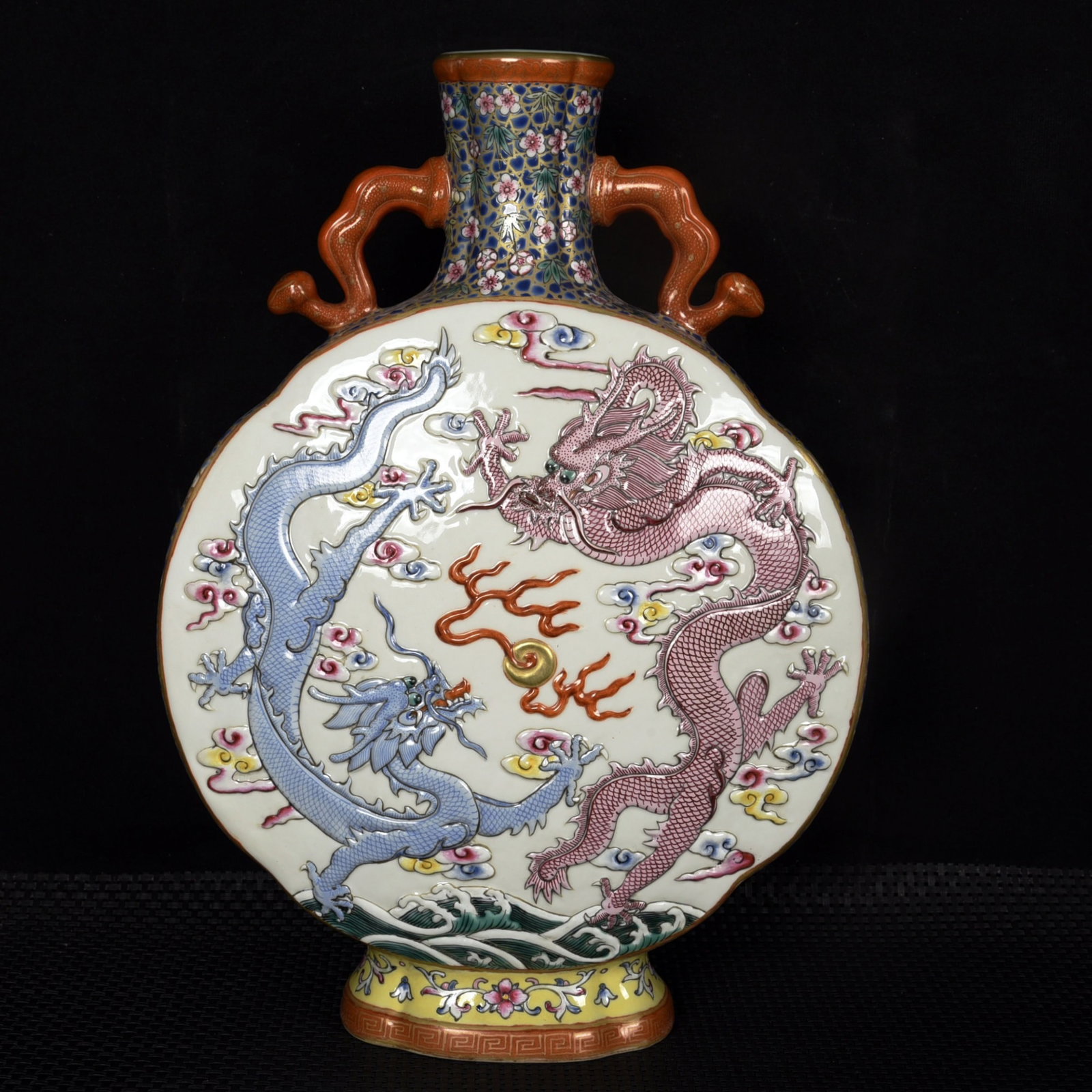 A Rare Enamel Painted Gold Auspicious Cloud and Dragon Pattern Double-Ears Vase: A Rare Enamel Painted Gold Auspicious Cloud and Dragon Pattern Double-Ears Vase,Qing Dynasty,China,Qianlong Six-character Mark,Size:13inx9.1inx4.3in