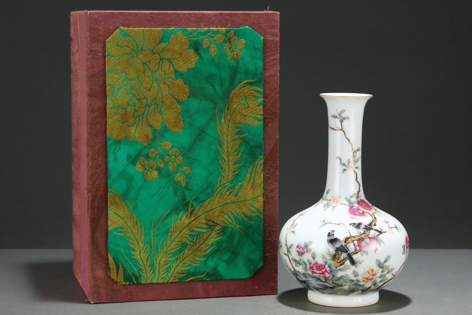 An Exquisite Famille-Rose Painted Gold Flower and Bird Pattern Vase,with poem: An Exquisite Famille-Rose Painted Gold Flower and Bird Pattern Vase,with poem,Qing Dynasty,China,Yongzheng Four-character Mark,Size:9.4inx5.9in 粉彩描金花鸟纹