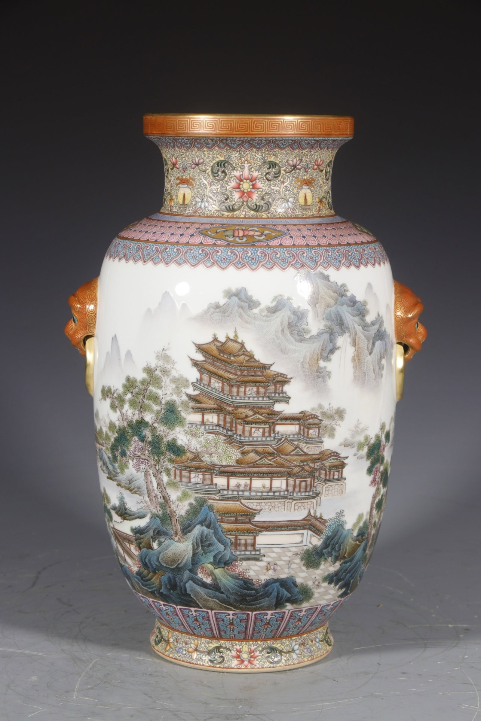 An Exquisite Enamel Landscape Pattern Beast-Ears Vase,with poem: An Exquisite Enamel Landscape Pattern Beast-Ears Vase,with poem,Qing Dynasty,China,Qianlong Six-character Mark,Size:11.6inx4.3in 珐琅彩山水纹兽耳瓶