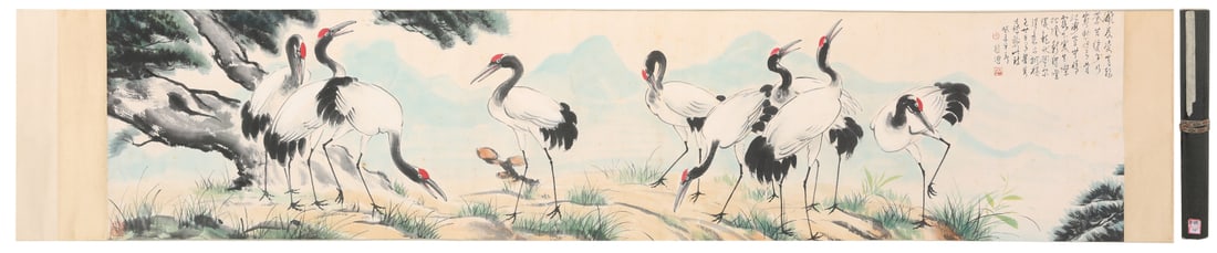 A Chinese Hand Scroll Ink Painting of Pine and Crane on Paper: A Chinese Hand Scroll Ink Painting of Pine and Crane on Paper,Xu Beihong,Size:17.7inx78in 一幅中国水墨松鹤画手卷,徐悲ƕ