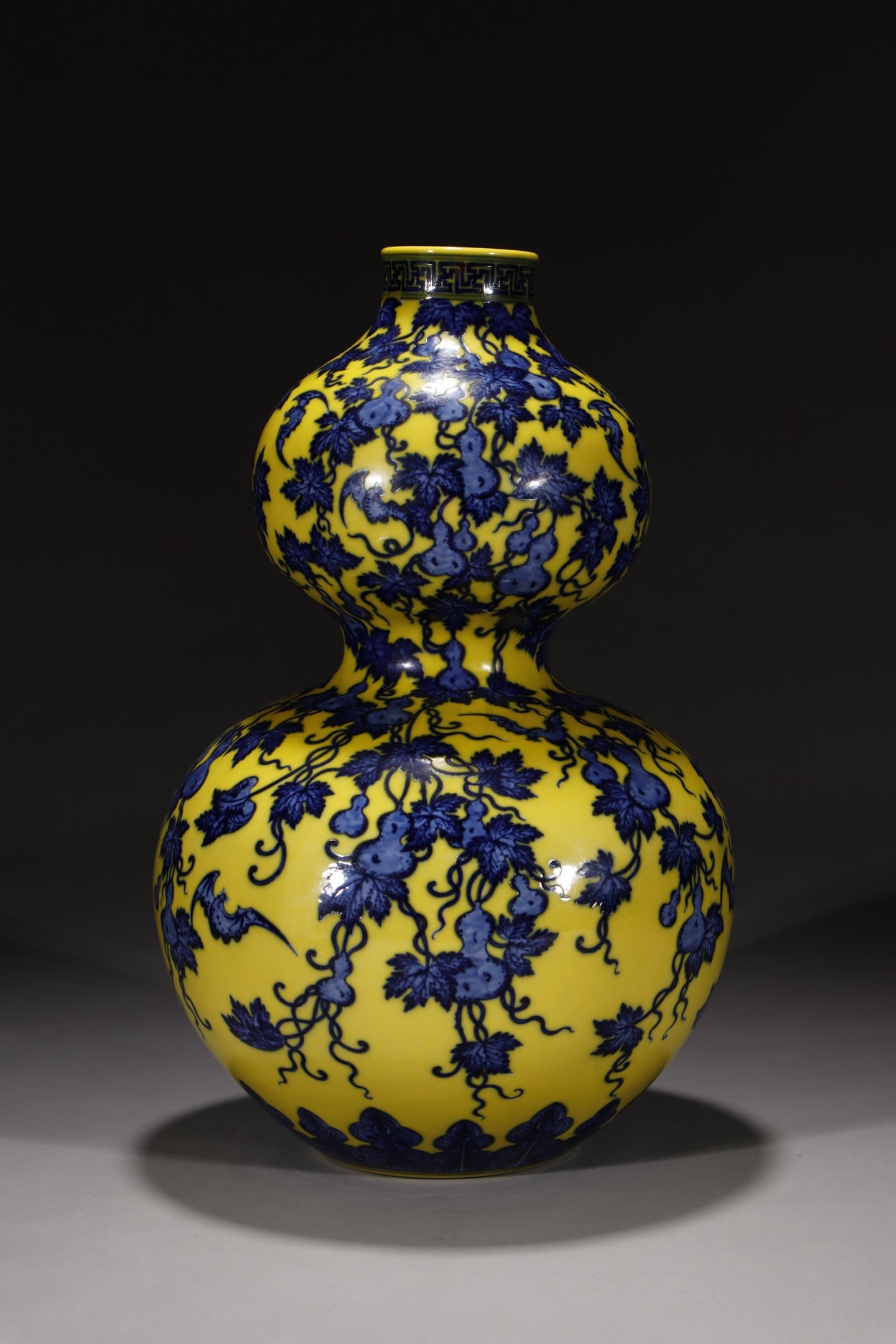 A Rare Yellow Ground Blue and White Bats Gourd Pattern Gourd Vase (1 of 9)
