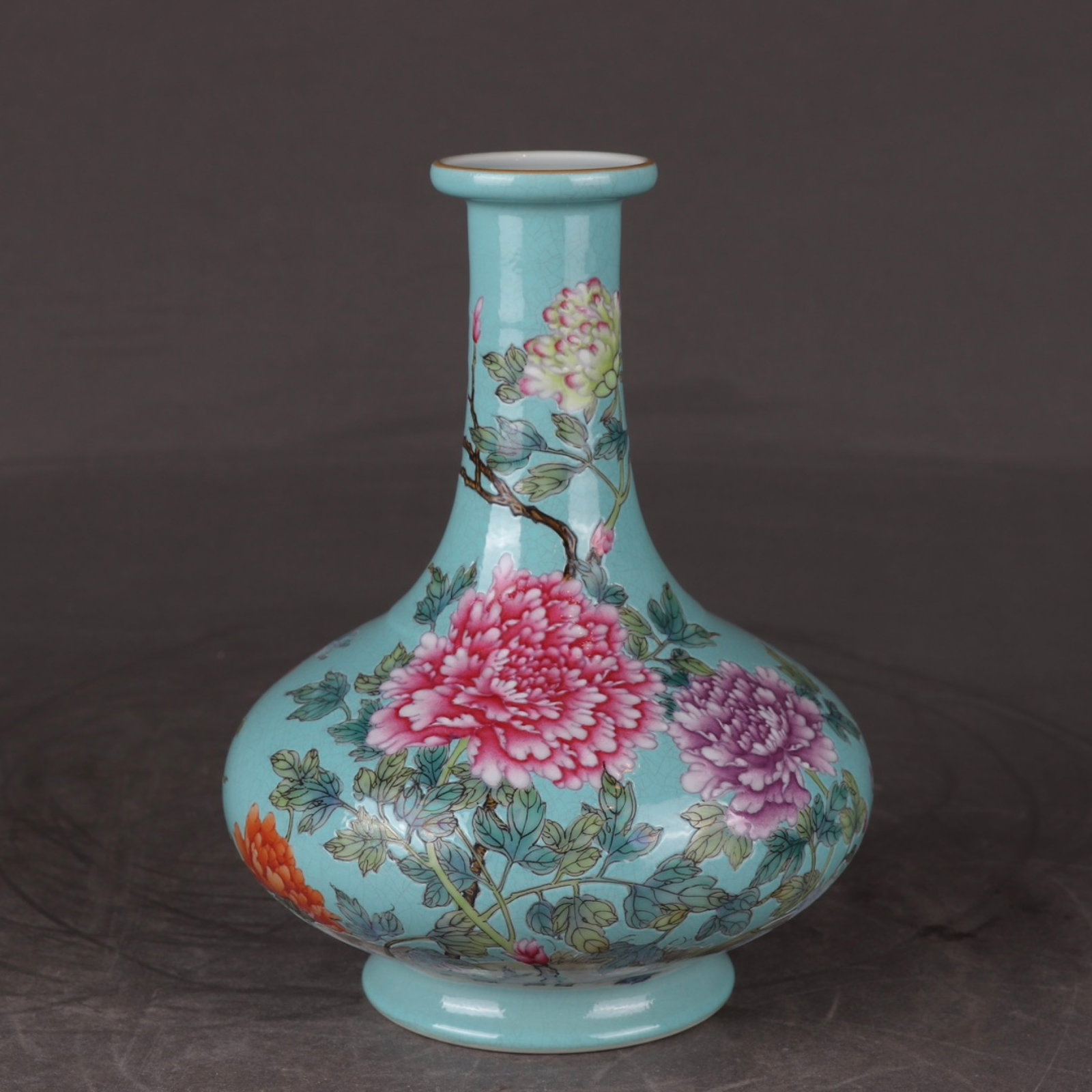 An Exquisite Turquoise Glazed Enamel Painted Gold Peony Pattern Vase: An Exquisite Turquoise Glazed Enamel Painted Gold Peony Pattern Vase,Qing Dynasty,China,Yongzheng Six-character Mark,Size:6.2inx4.7in 松石绿釉珐琅彩描&#