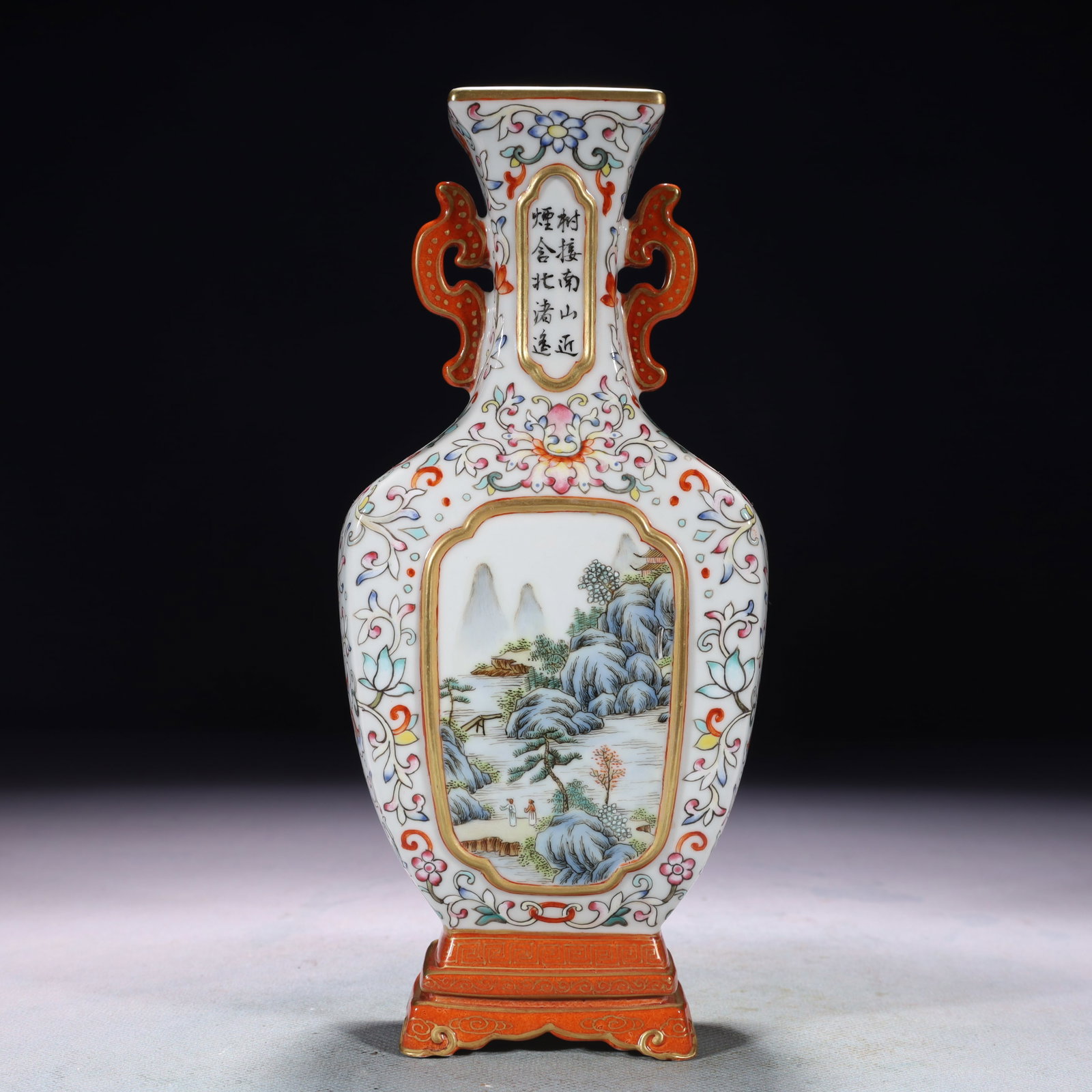 An Exquisite Famille-Rose Painted Gold Landscape Pattern Double-Ears Vase,with poem: An Exquisite Famille-Rose Painted Gold Landscape Pattern Double-Ears Vase,with poem,Qing Dynasty,China,Qianlong Six-character Mark,Size:3.5inx1.6inx8.3in,Weight:650g