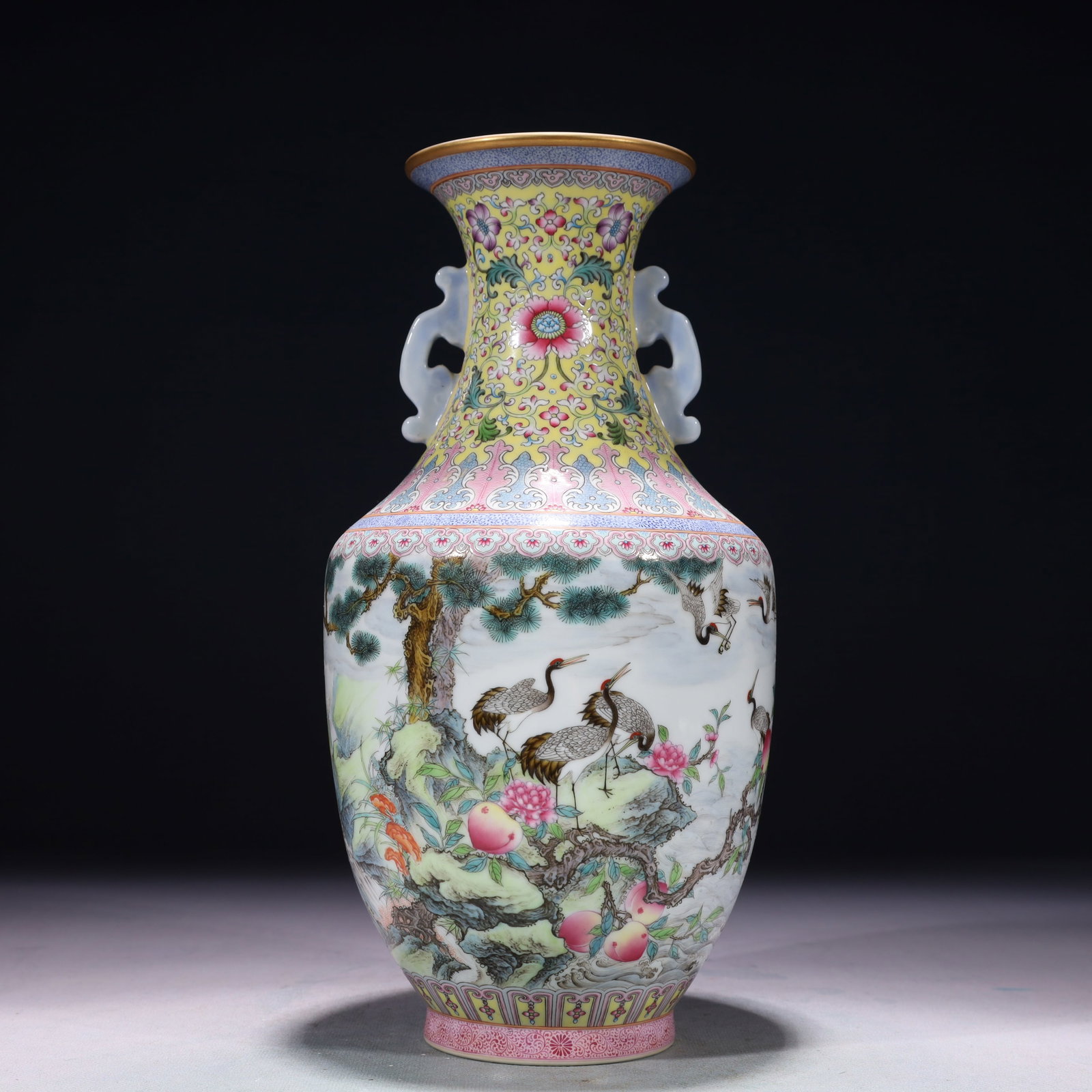 An Exquisite Famille-Rose Painted Gold Pine and Crane Pattern Double-Ears Vase,with poem: An Exquisite Famille-Rose Painted Gold Pine and Crane Pattern Double-Ears Vase,with poem,Qing Dynasty,China,Qianlong Six-character Mark,Size:5.5inx11.4in,Weight:1200g 粉彩描金&