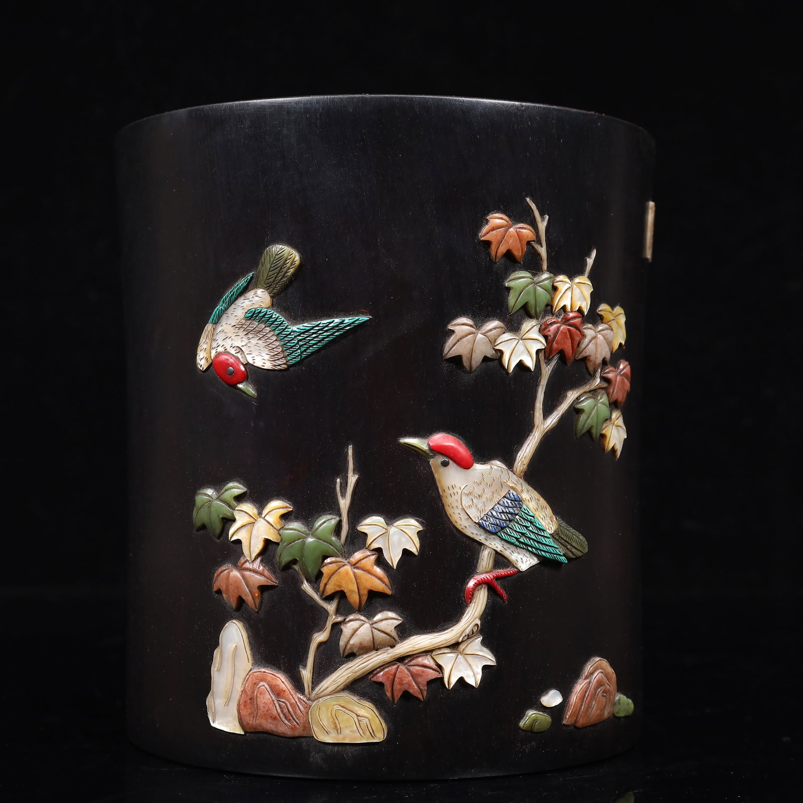 An Exquisite Zitanwood Inlaid Gems Flower and Bird Pattern Brush Pot: An Exquisite Zitanwood Inlaid Gems Flower and Bird Pattern Brush Pot,Qing Dynasty, China,Qianlong Four-character Mark,Size:6.3inx6.7in,Weight:1300g