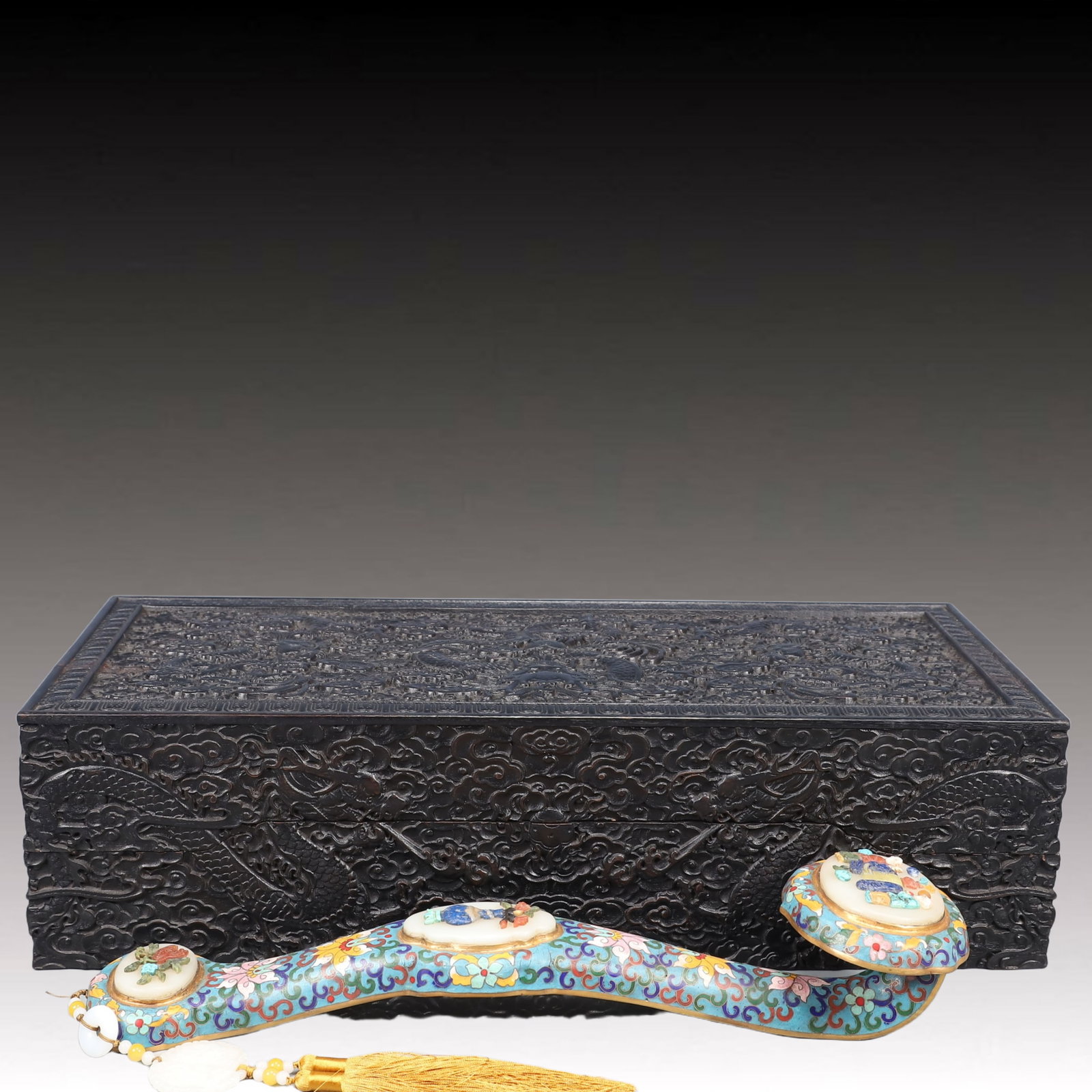 A Huge Cloisonne Inlaid White Jade Lotus and Figure Pattern Ruyi,Inlaid Gems,With Auspicious Cloud: A Huge Cloisonne Inlaid White Jade Lotus and Figure Pattern Ruyi,Inlaid Gems,With Auspicious Cloud and Dragon Pattern Box,Qing Dynasty, China,Qianlong Four-character Mark,Size:17.3inx4.3inx3.1in,Weigh