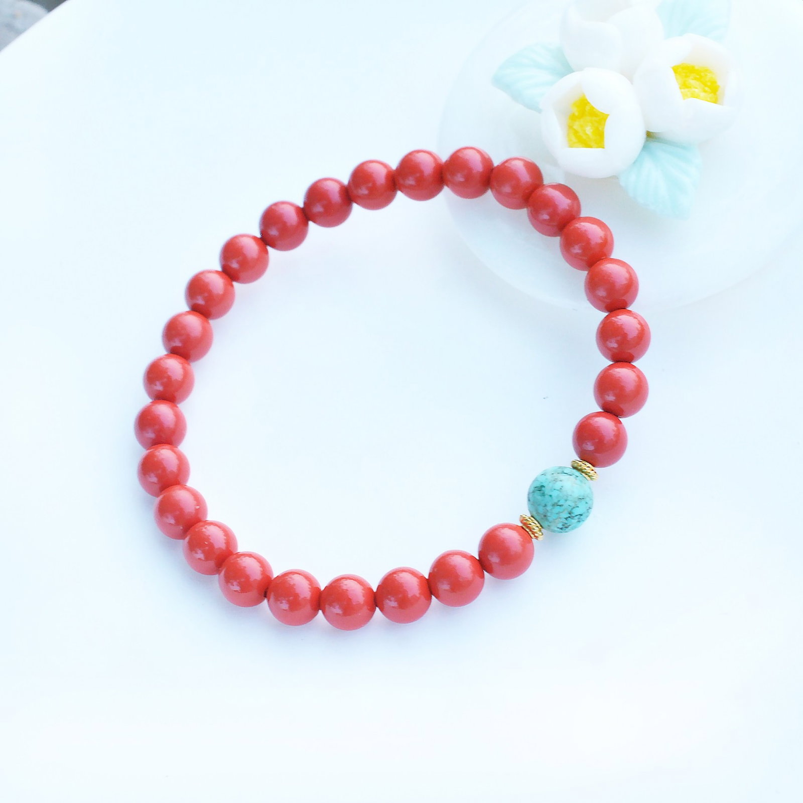 An Exquisite Cinnabar with Turquoise Bracelets: An Exquisite Cinnabar with Turquoise Bracelets,Size:0.3inx0.3in 朱砂配绿松石手链