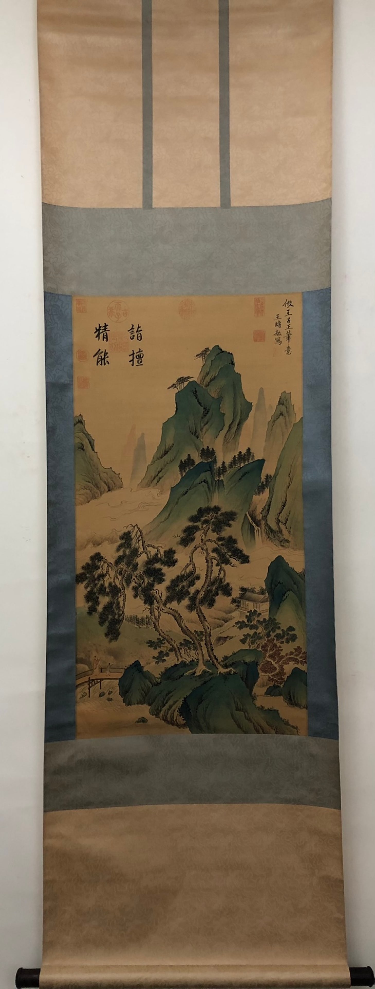 A Chinese Vertical Scroll Ink Painting of Landscape on Silk: A Chinese Vertical Scroll Ink Painting of Landscape on Silk,Wang Shimin,Size:34.3inx18.1in