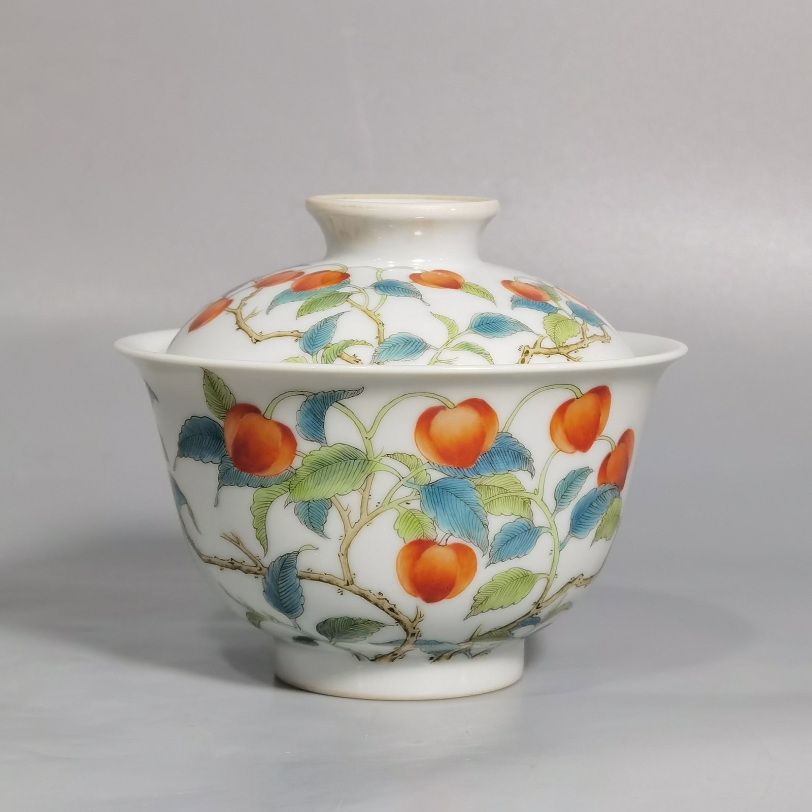 An Exquisite Famille-Rose Cherry Pattern Bowl with Cover: An Exquisite Famille-Rose Cherry Pattern Bowl with Cover,Qing Dynasty,China,Qianlong Six-character Mark,Size:4inx3.4in
