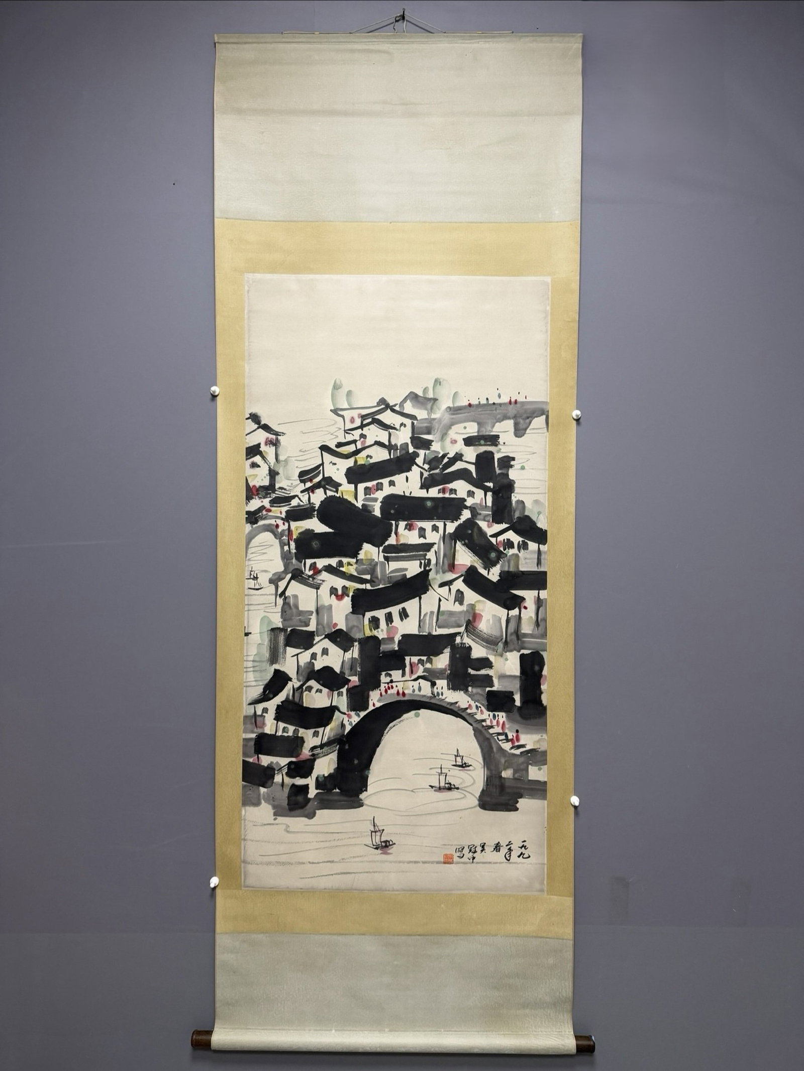 A Chinese Vertical Scroll Ink Painting of Landscape on Paper: A Chinese Vertical Scroll Ink Painting of Landscape on Paper,Wu Guanzhong,Size:54.3inx26.8in 一幅中国水墨山水画立轴,吴冠&#
