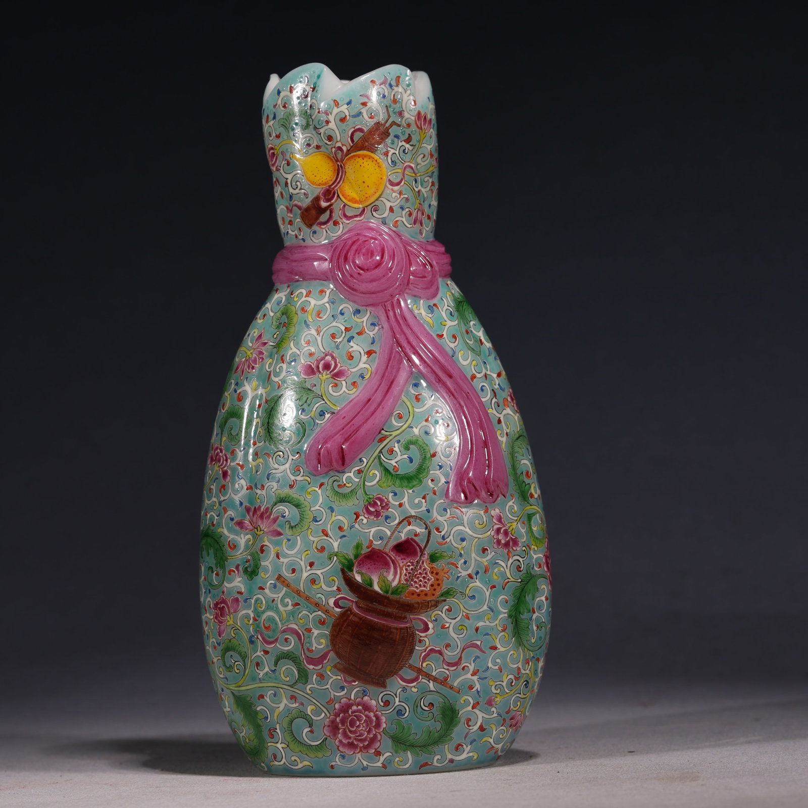 An Exquisite Glass Body Turquoise Green Ground Famille Rose Cloth Bundle Vase With Hidden Eight (1 of 10)