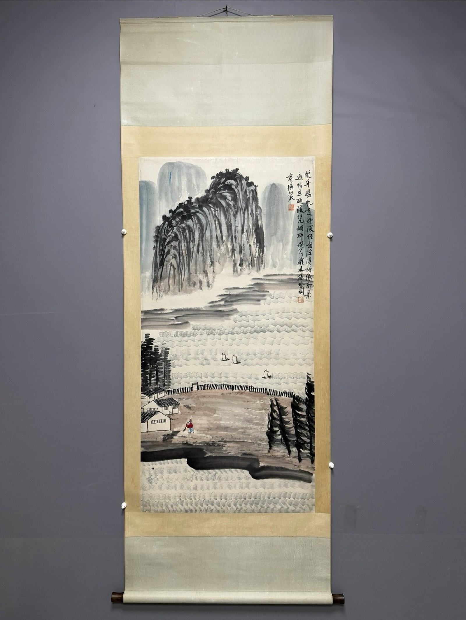 A Chinese Vertical Scroll Ink Painting of Landscape on Paper: A Chinese Vertical Scroll Ink Painting of Landscape on Paper,Qi Baishi,Size:54.3inx26.8in 一幅中国水墨山水画立轴,齐白ĳ