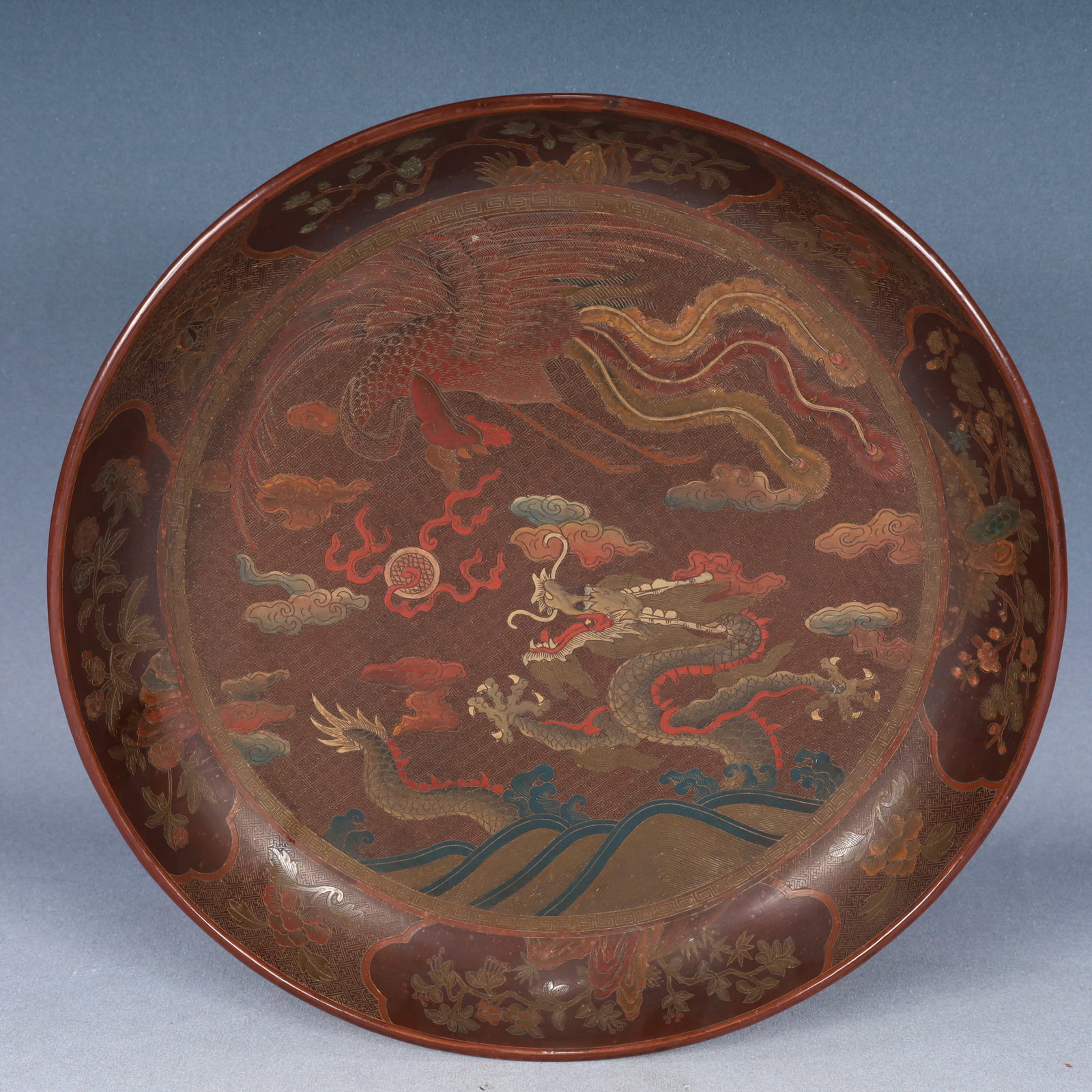 A Rare Carved Red Lacquer Painted Color Auspicious Cloud,Dragon and Phoenix Pattern Plate (1 of 6)