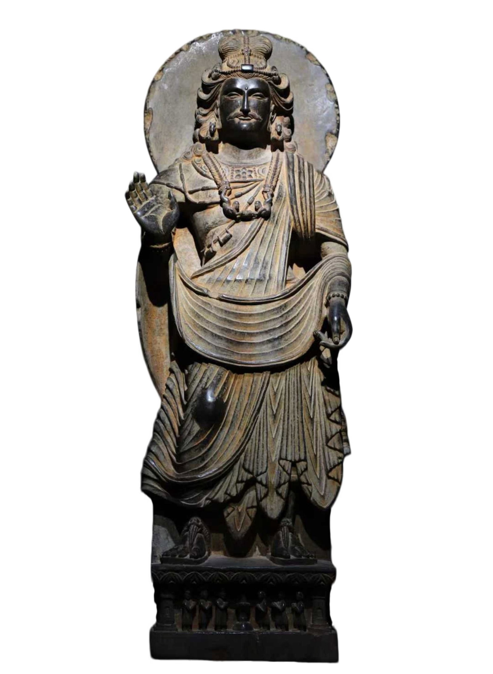 A Solemn Schistose Statue of Gandhara: A Solemn Schistose Statue of Gandhara,N.Qi,China,Size:51.2inx18.5inx11.8in 片岩石犍陀罗像,中国北齐时期