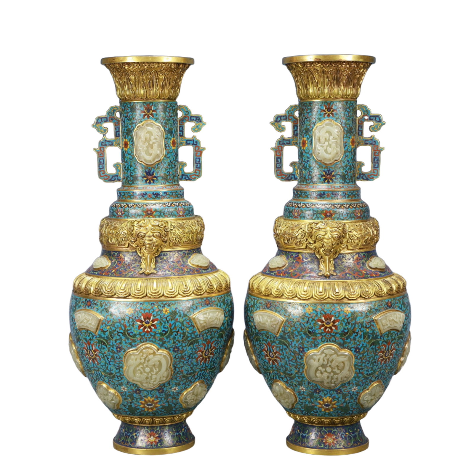 A Pair of Exquisite Cloisonne Inlaid White Jade Lotus Pattern Double-Ears Vases (1 of 14)