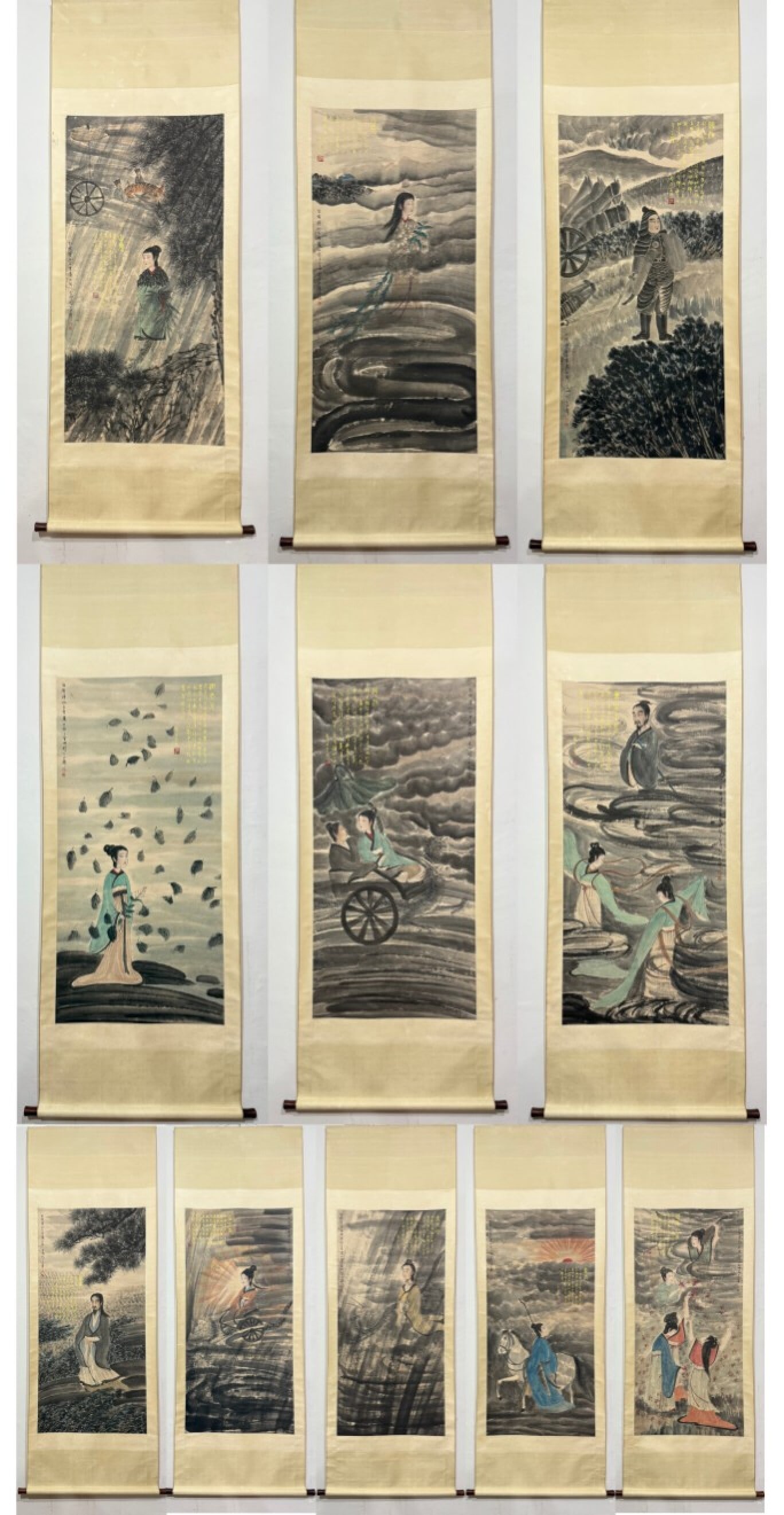 A Set of Chinese Vertical Scroll Ink Painting of Character and Story on Paper: A Set of Chinese Vertical Scroll Ink Painting of Character and Story on Paper,Fu Baoshi,Size:(Without frame)54.3inx26in,(entirety)88.6inx31.5in 一套中国水墨人