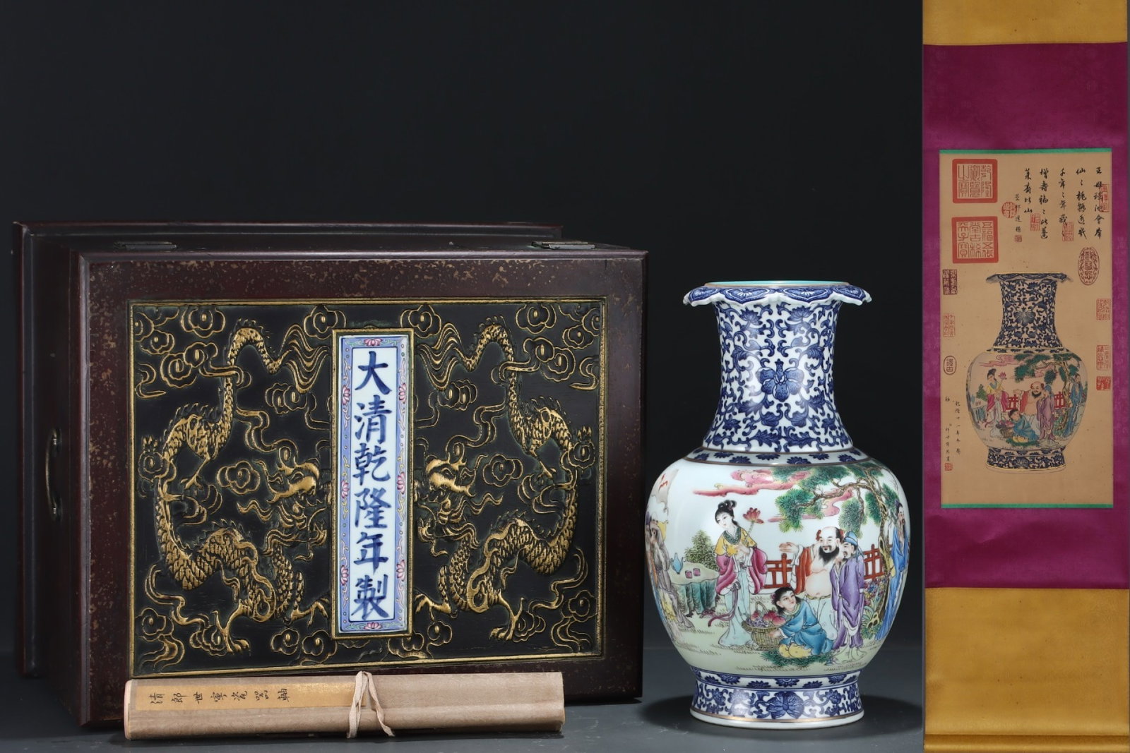A Rare Blue and White Famille-Rose Painted Gold Character and Story Pattern Vase,with poem,with: A Rare Blue and White Famille-Rose Painted Gold Character and Story Pattern Vase,with poem,with Chinese Vertical Scroll Ink Painting on Silk,Qing Dynasty,China,Qianlong Six-character Mark,Size:(Silk)2