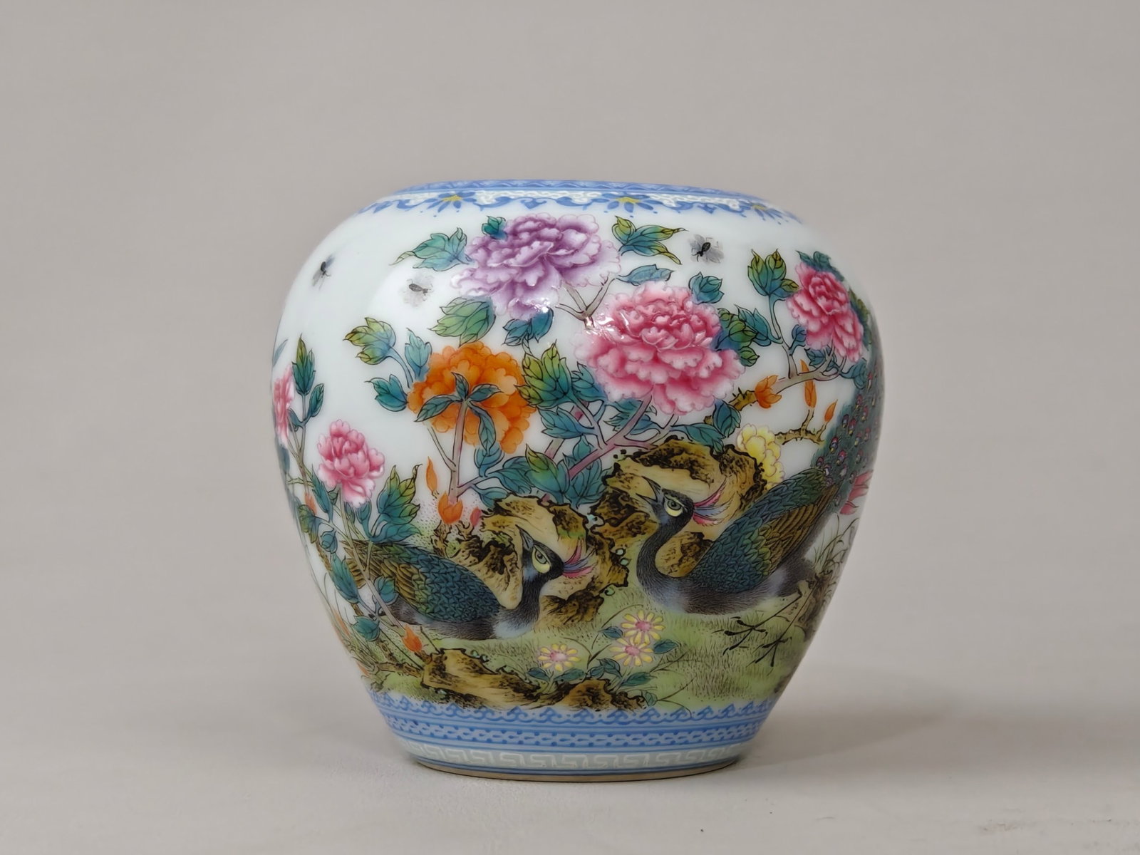 An Exquisite Famille-Rose Flower and Peacock Pattern Brush Washer,with poem: An Exquisite Famille-Rose Flower and Peacock Pattern Brush Washer,with poem,Qing Dynasty,China,Yongzheng Four-character Mark,Size:3.1inx3.3in 粉彩花卉孔雀纹&#