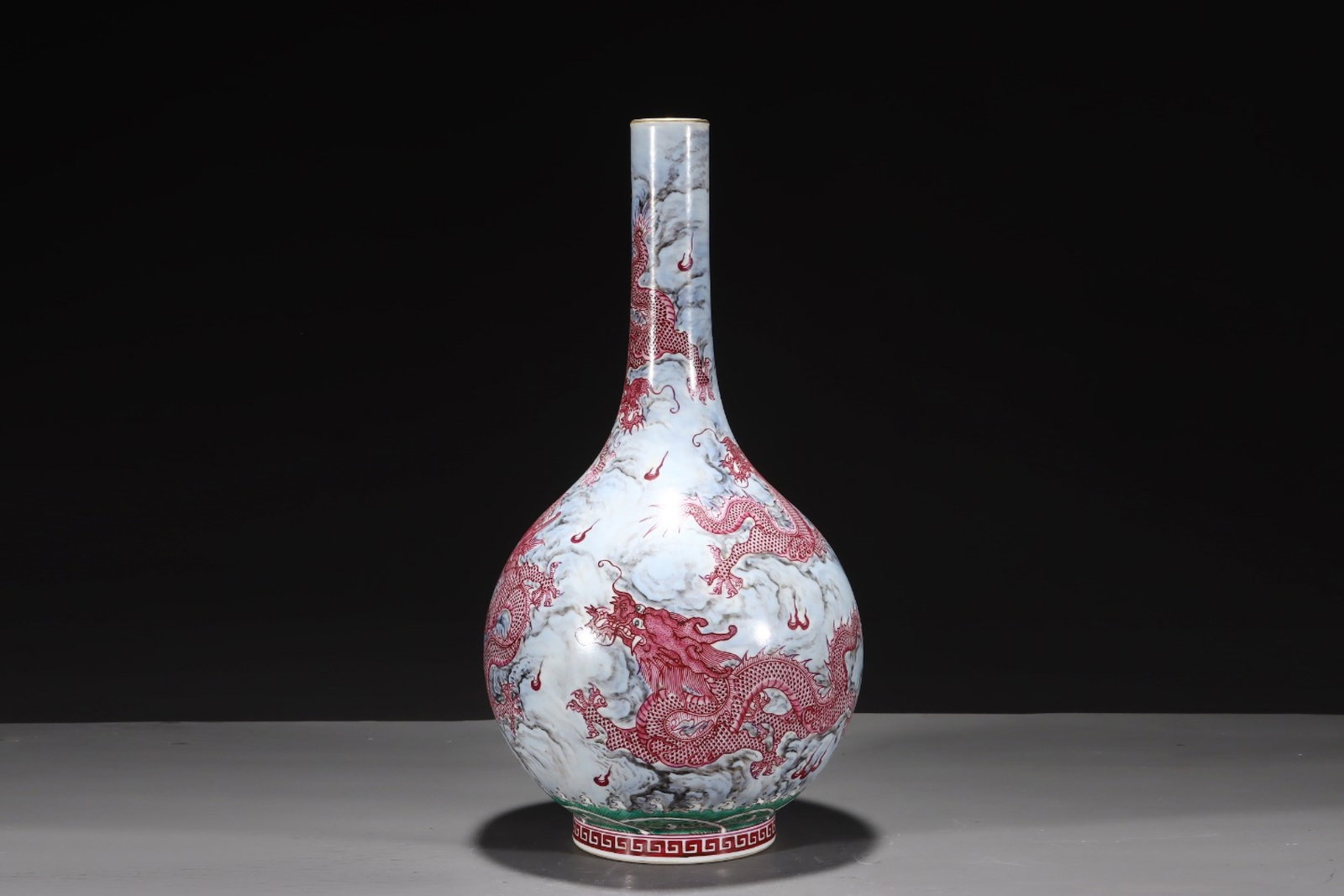 An Exquisite Famille-Rose Ruby Red-Glazed Seawater Dragon Pattern Painted Gold Vase,With Vertical: An Exquisite Famille-Rose Ruby Red-Glazed Seawater Dragon Pattern Painted Gold Vase,With Vertical Scroll Painting on Silk,Qing Dynasty,China,with Yongzheng Six-character Mark,Size:14.6inx7.3in,Without