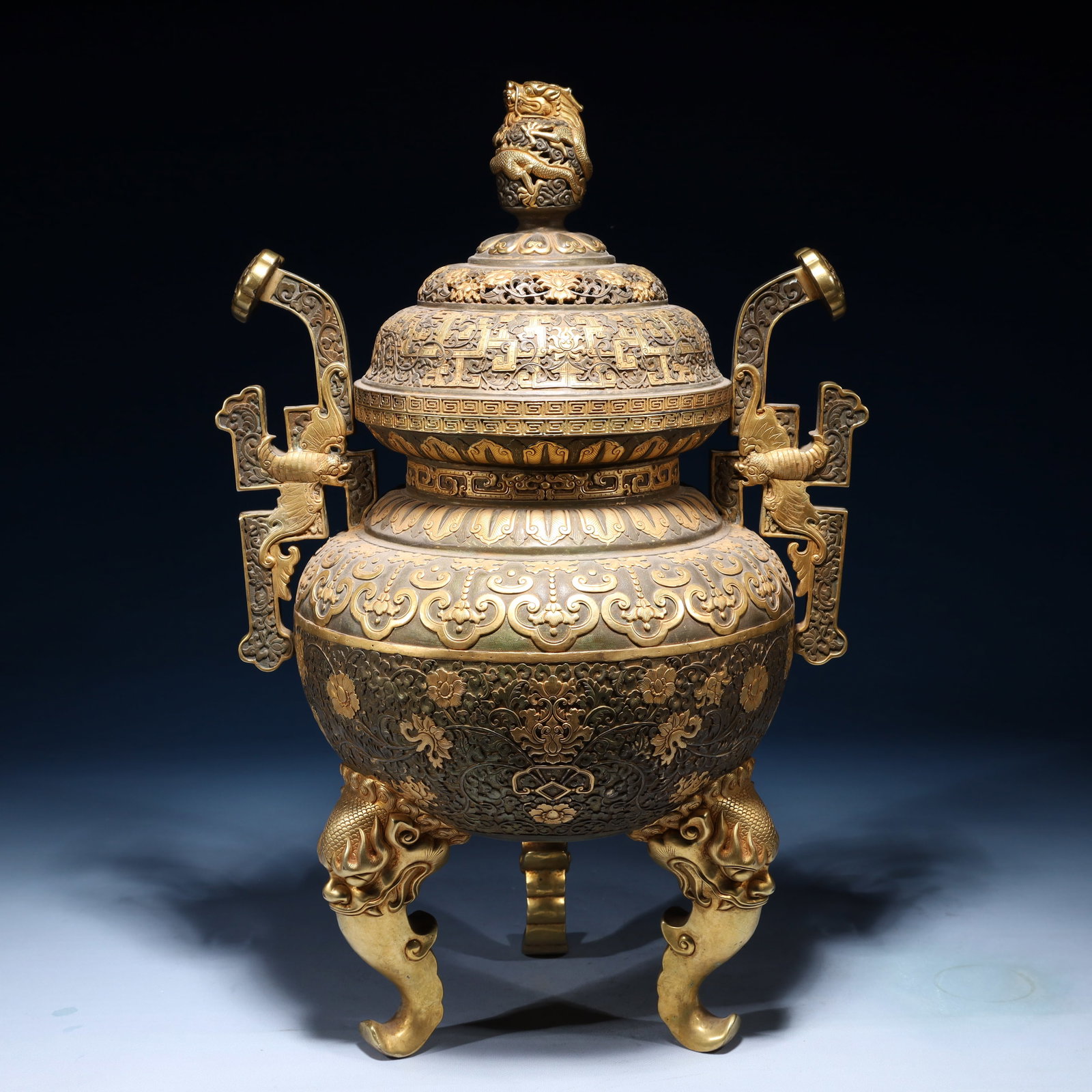An Exquisite Silver-Gilt Bronze Bats and Peach Pattern Double-Ears and Tripod Censer (1 of 13)