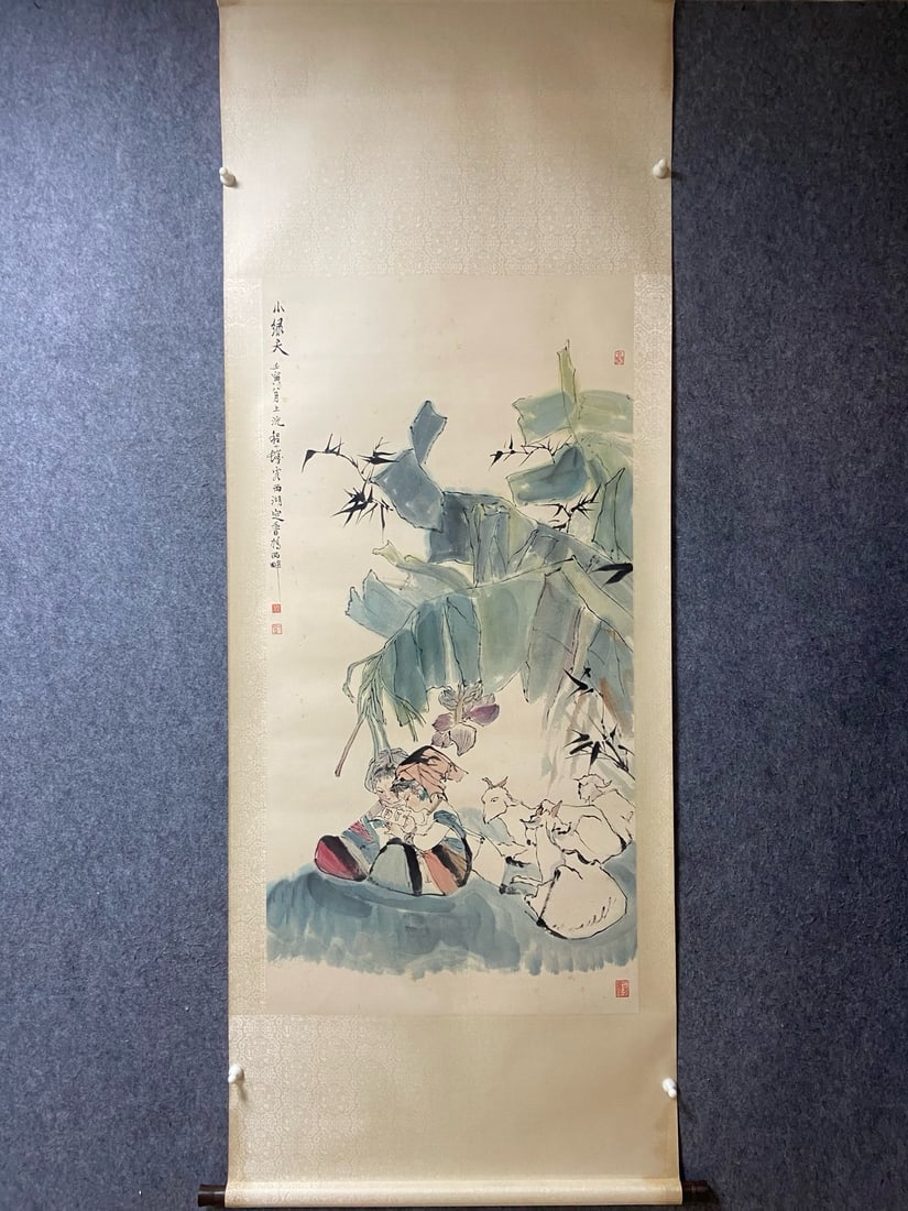 An Exquisite Chinese Vertical Scroll Ink Painting of Character and Story on Paper: An Exquisite Chinese Vertical Scroll Ink Painting of Character and Story on Paper,Cheng Shifa,Size:53.9inx27.2in 一幅中国水墨人物故事画