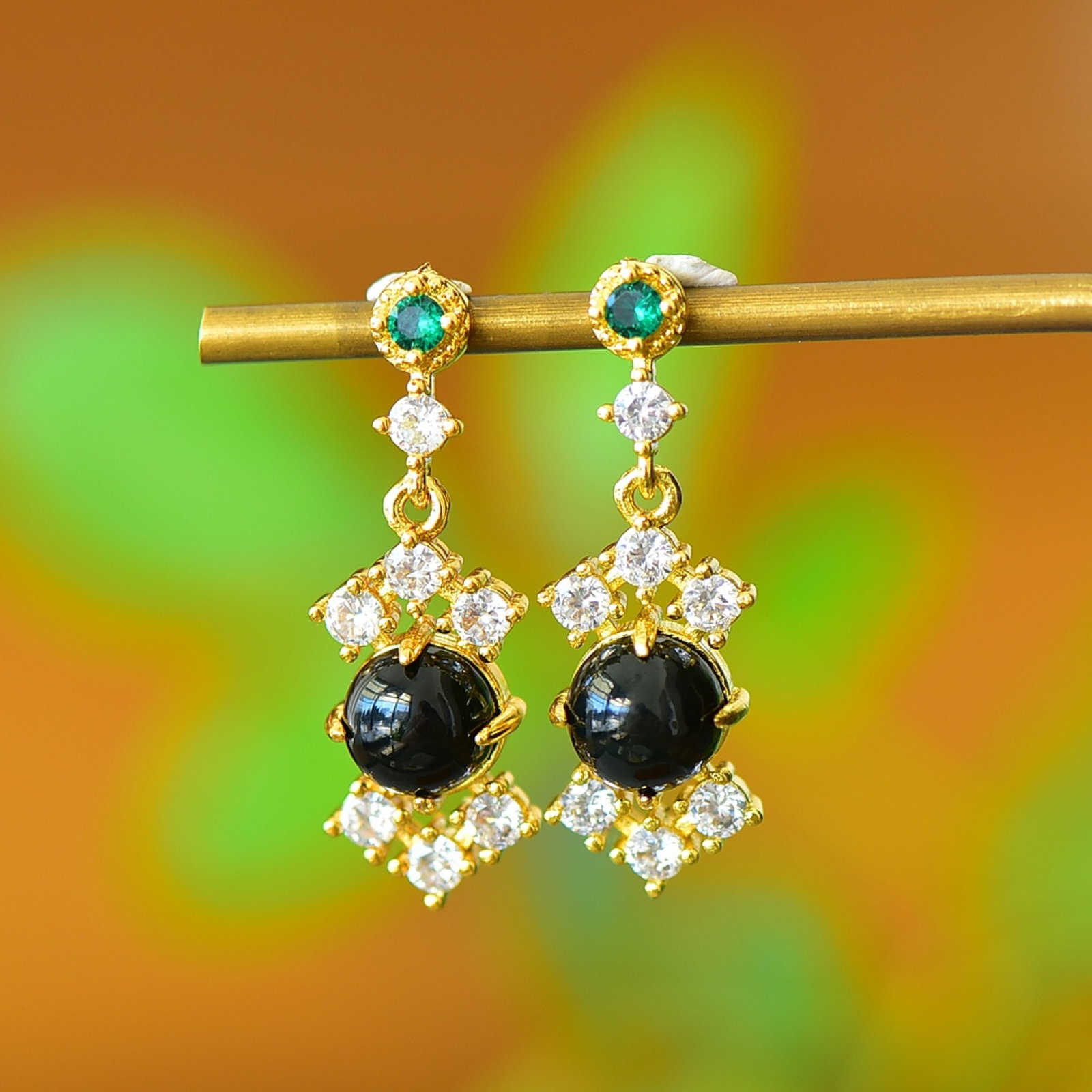 A Pair of Exquisite Bronze-Gold Plated Inlaid Green Jade Earrings: A Pair of Exquisite Bronze-Gold Plated Inlaid Green Jade Earrings,Size:3.1inx3.1in 一对铜镀金镶青玉耳环
