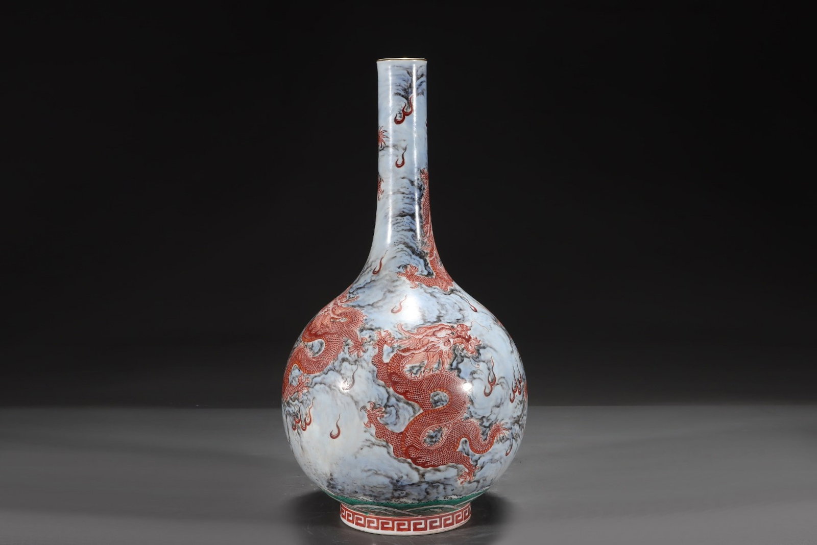An Exquisite Famille-Rose Iron-Red Seawater Dragon Pattern Vase,With Vertical Scroll Painting on: An Exquisite Famille-Rose Iron-Red Seawater Dragon Pattern Vase,With Vertical Scroll Painting on Silk,Qing Dynasty,China,with Yongzheng Six-character Mark,Size:14.4inx7.7in,Without frame Size:24.6inx1