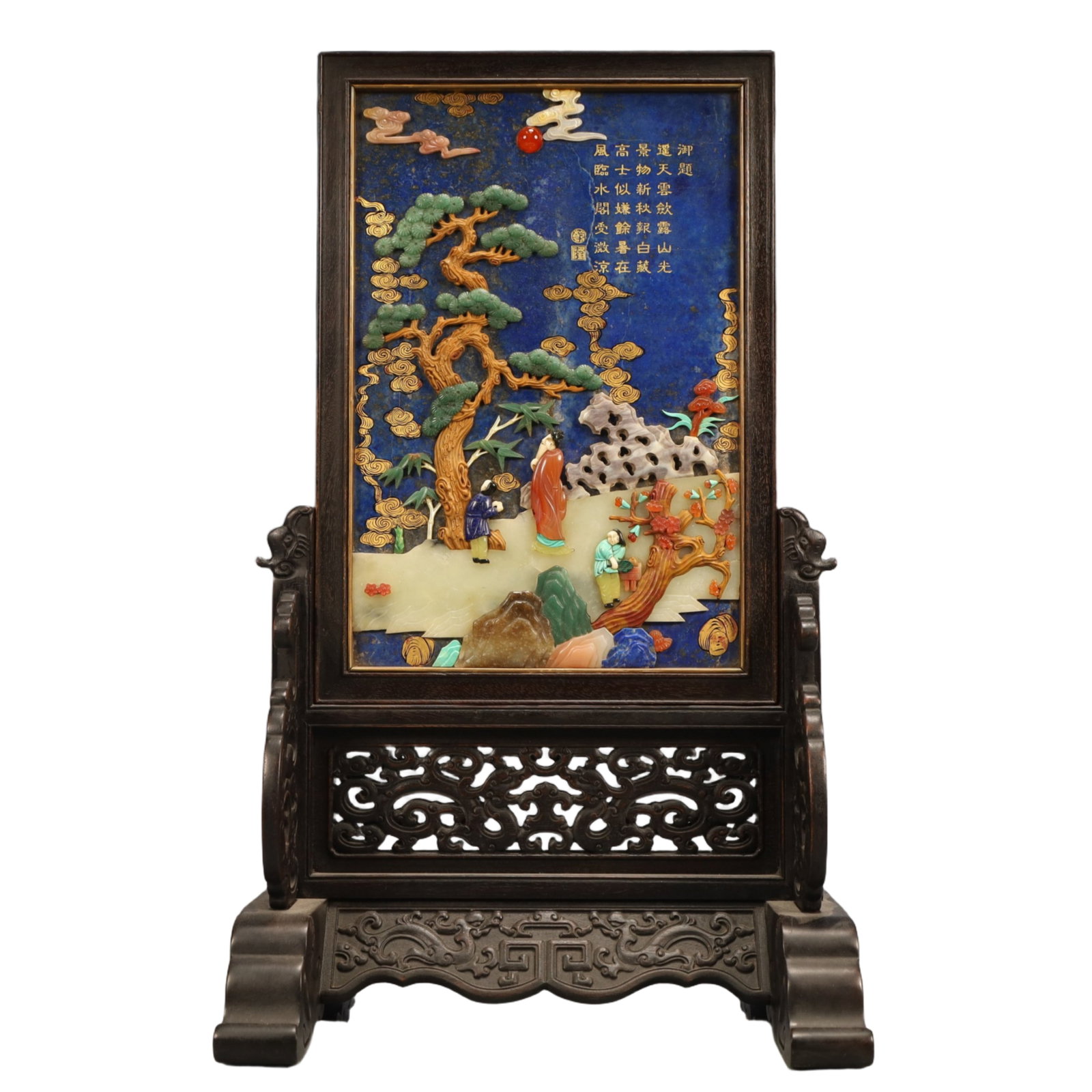 A Huge Zitanwood Inlaid Lapis Lazuli Character and Story Pattern Table Screen,Inlaid Gems,with an (1 of 12)