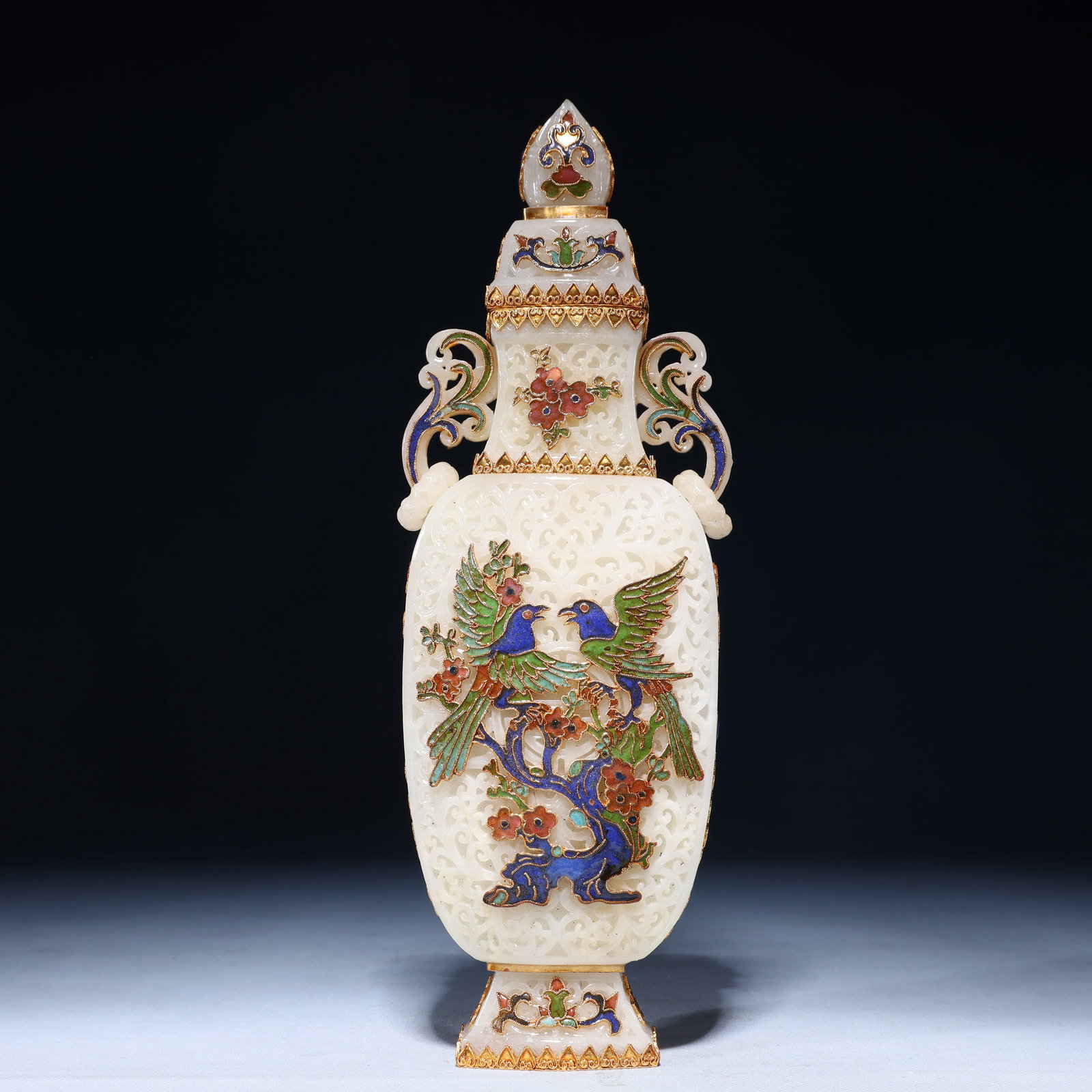 An Exquisite White Jade Inlaid Gilt Bronze Flower and Bird Pattern Double-Ears Vase: An Exquisite White Jade Inlaid Gilt Bronze Flower and Bird Pattern Double-Ears Vase, Qing Dynasty,China, Size:4.3inx2inx12.2in,Weight:1300g 白玉嵌铜鎏金花(