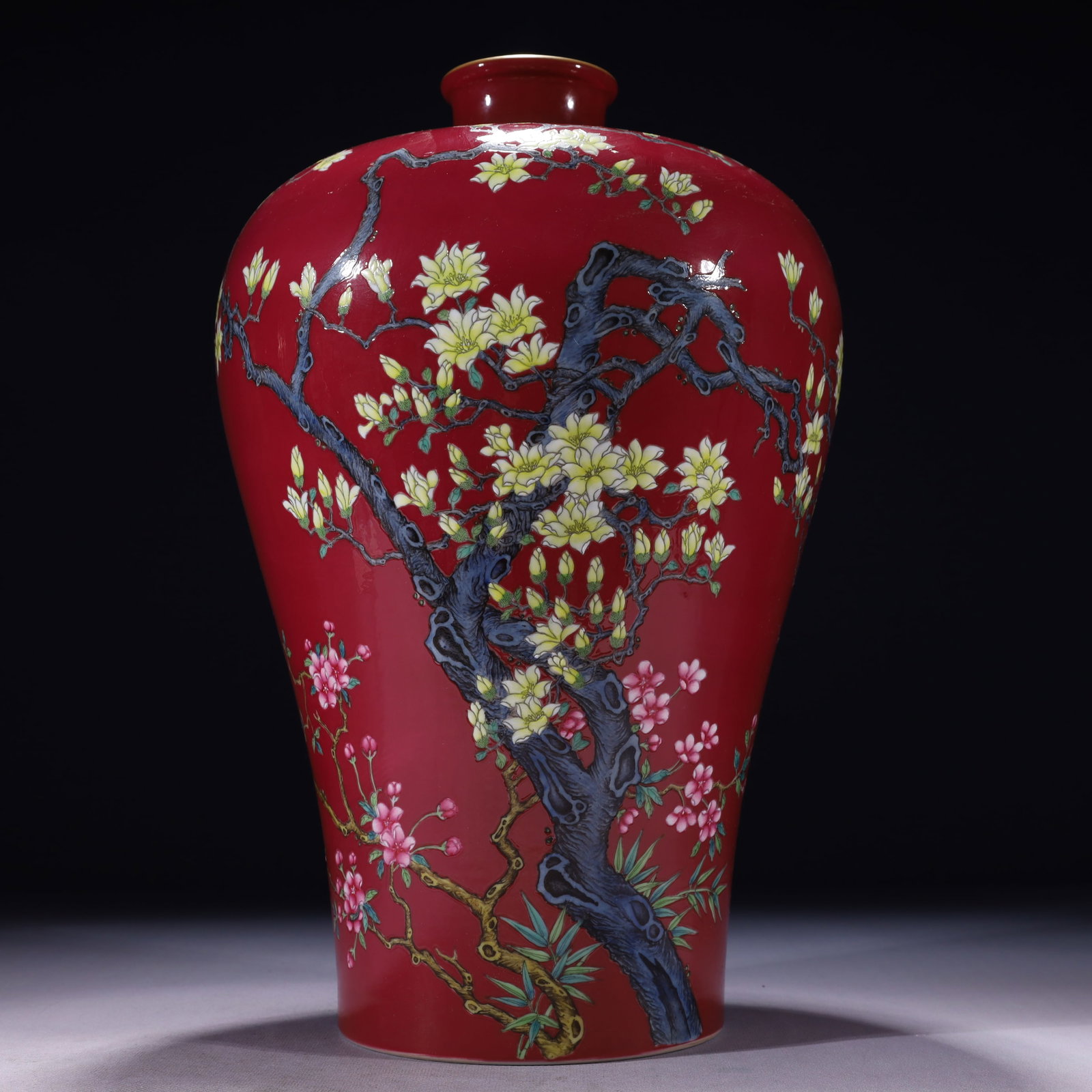 An Exquisite Ruby Red-Glazed Famille-Rose Painted Gold Flower and Butterfly Pattern Vase: An Exquisite Ruby Red-Glazed Famille-Rose Painted Gold Flower and Butterfly Pattern Vase,Qing Dynasty,China,Yongzheng Six-character Mark,Size:8.7inx15in,Weight:3650g
