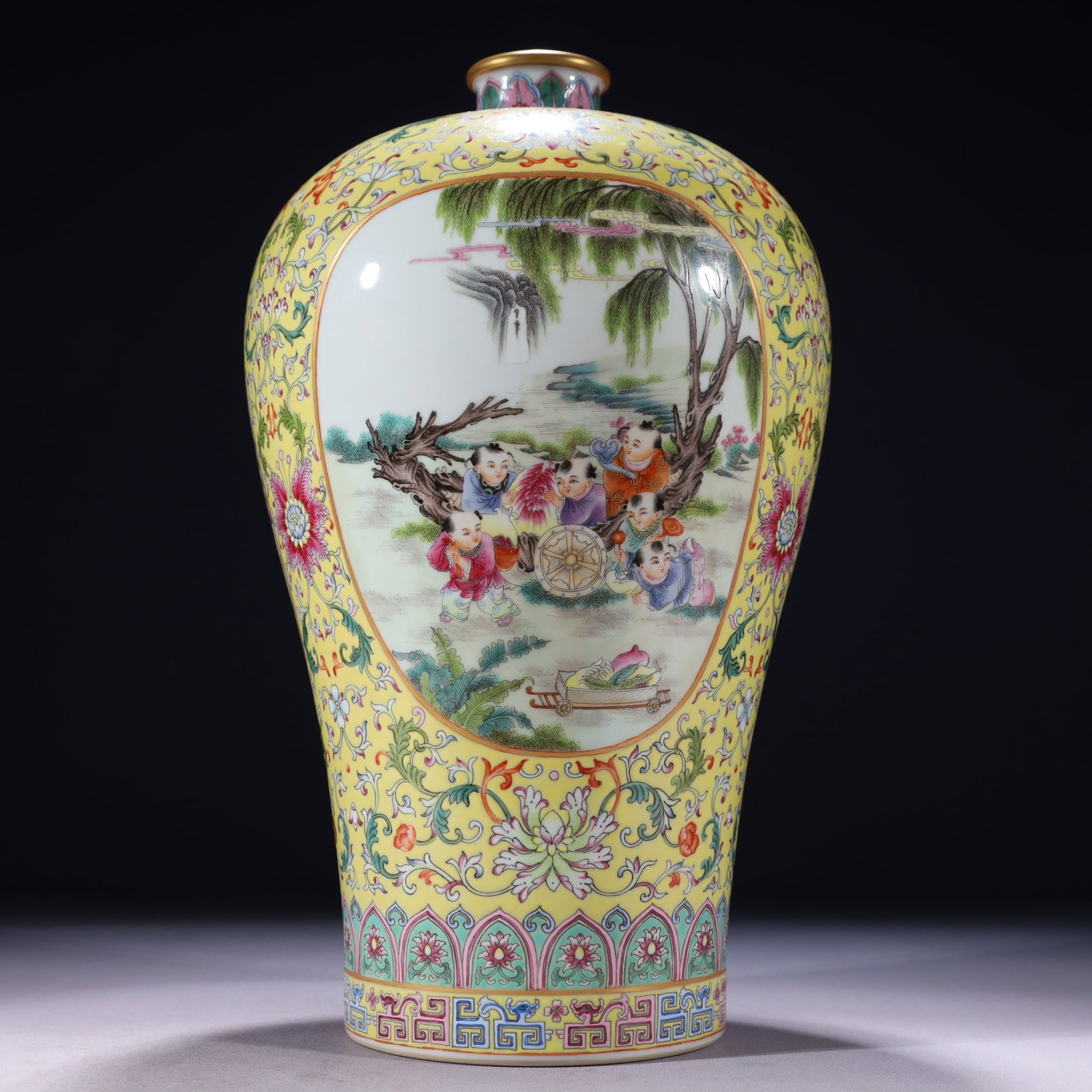 An Exquisite Yellow Ground Famille-Rose Painted Gold Character and Story Pattern Vase: An Exquisite Yellow Ground Famille-Rose Painted Gold Character and Story Pattern Vase,Qing Dynasty,China,Yongzheng Six-character Mark,Size:7.9inx15.7in,Weight:3750g