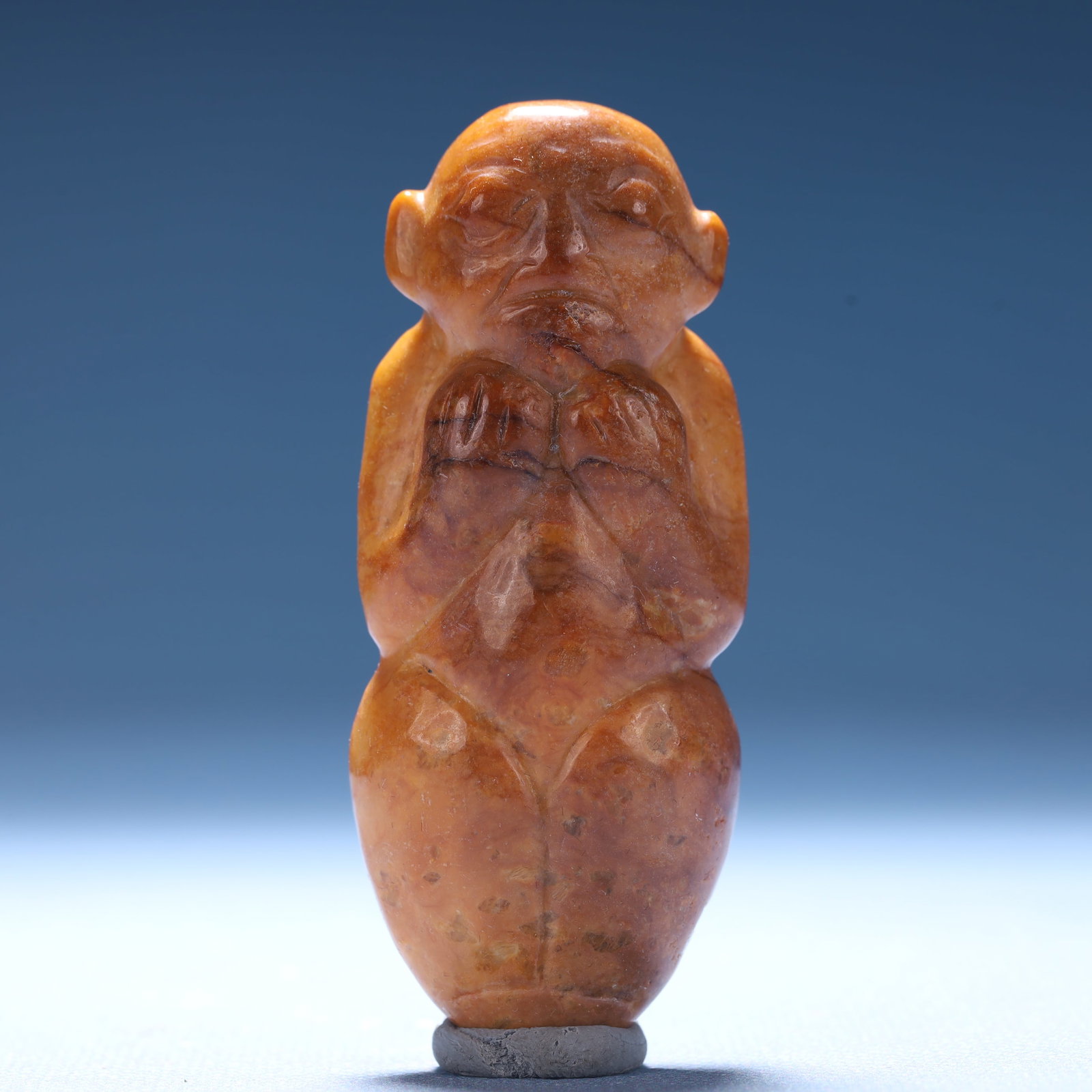 An Archaic Hongshan Culture Yellow Jade Figure Ornament: An Archaic Hongshan Culture Yellow Jade Figure Ornament,Ancient Time,China,Size:1.3inx0.8inx3in,Weight:68.5g 红山文化黄玉人物摆件,中&#