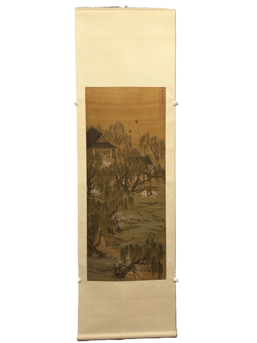 A Chinese Vertical Scroll Ink Painting of Landscape and Figure on Silk: A Chinese Vertical Scroll Ink Painting of Landscape and Figure on Silk,Chou Ying,Size:59.1inx24.8in 一幅中国水墨绢本山水人物