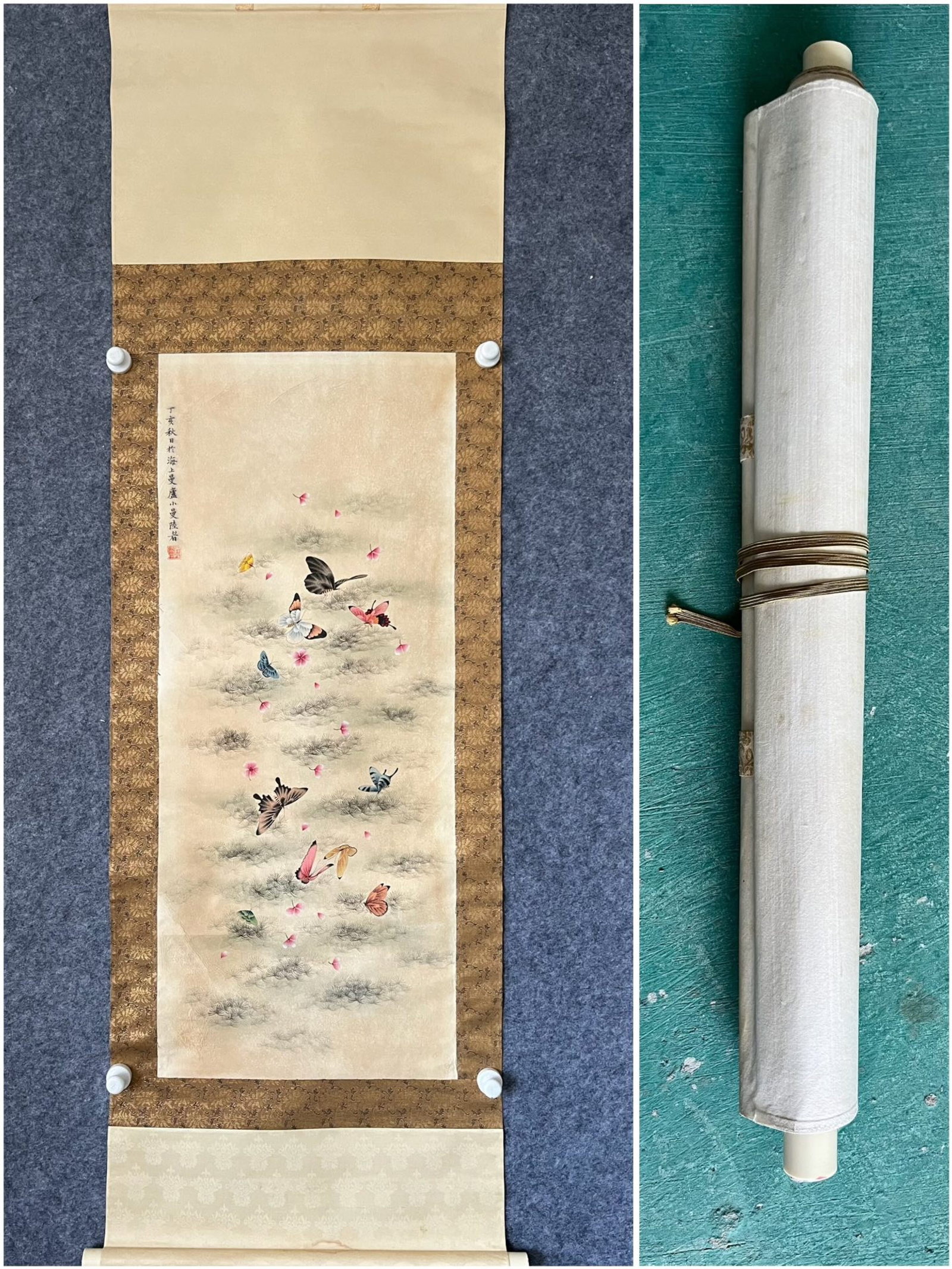 A Chinese Vertical Scroll Ink Painting of Flower and Butterfly on Paper (1 of 8)