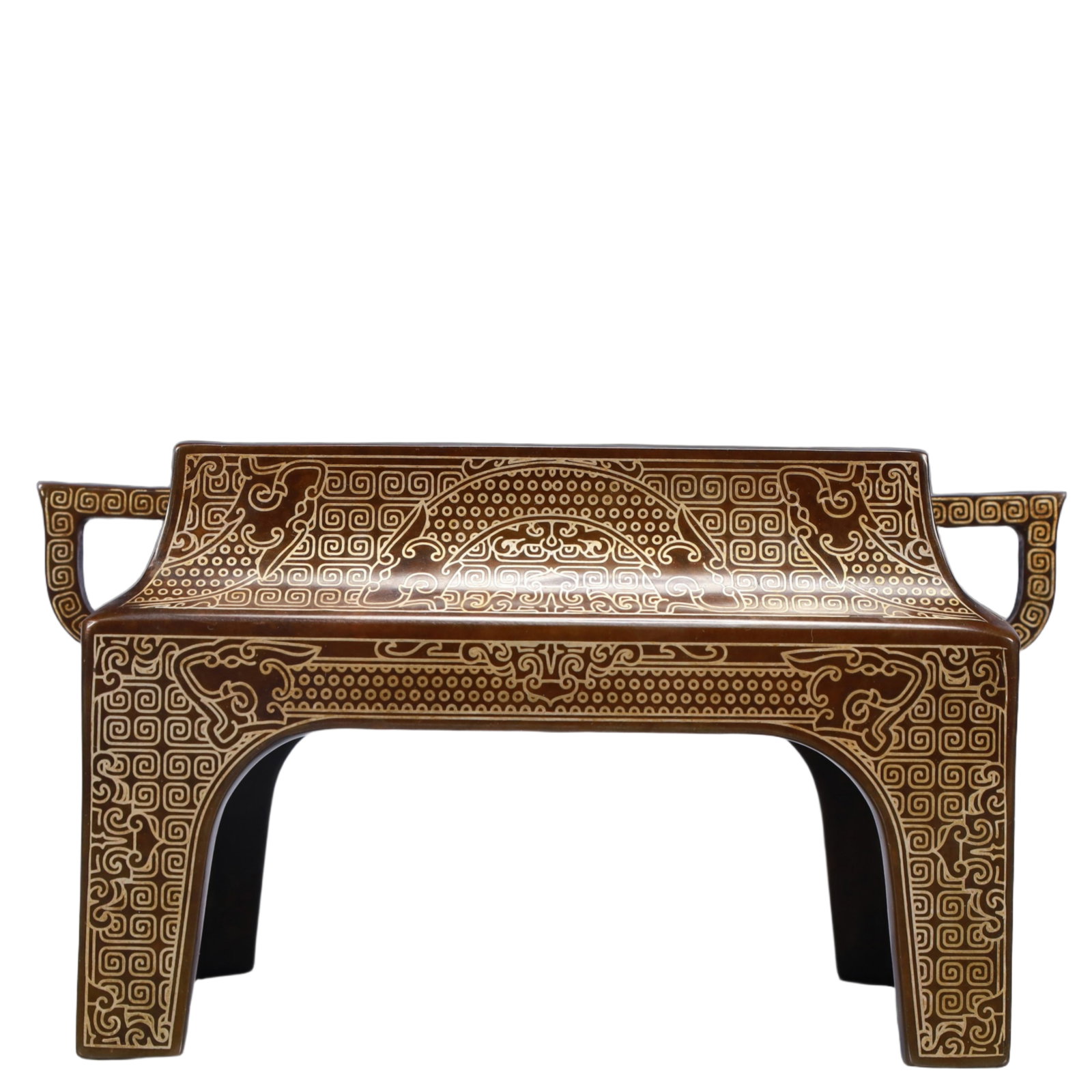 An Exquisite Bronze Beast-Face Pattern Double-Ears and Four Legs Censer: An Exquisite Bronze Beast-Face Pattern Double-Ears and Four Legs Censer,Qing Dynasty, China,With Mark,Size:7.5inx3.9inx4.1in,Weight:2200g 铜兽面纹双耳四ห