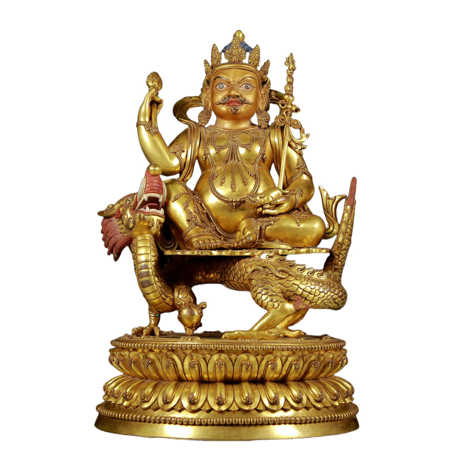 A solemn gilt bronze statue of Mammon: A solemn gilt bronze statue of Mammon, Yongle six-character mark, Ming Dynasty, China. This is a breathtaking piece of Buddhist art. The face of the Buddha statue is solemn and kind, and its eyes are 