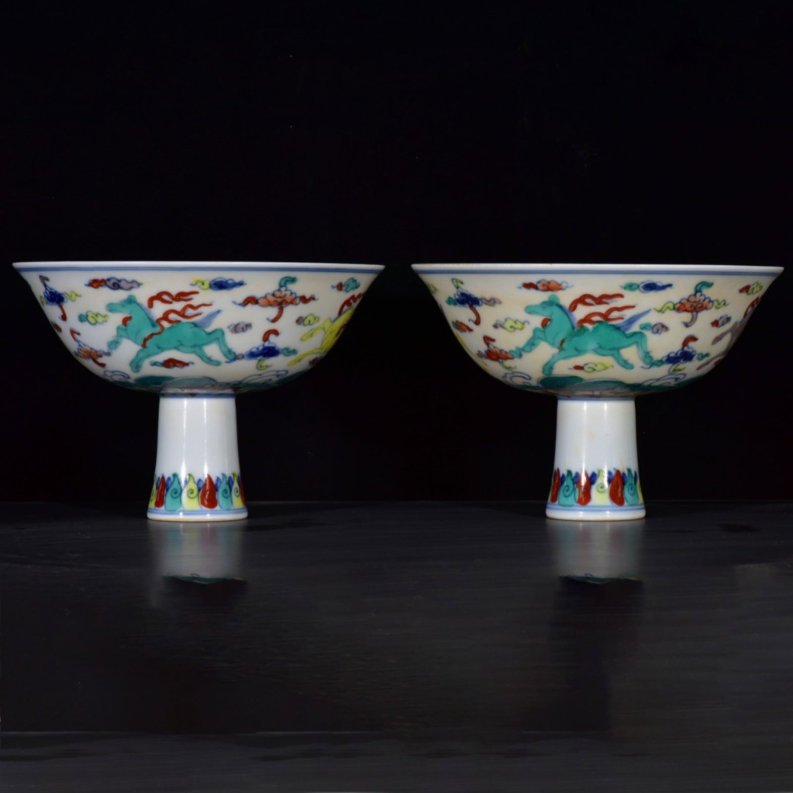 A Pair of Exquisite Doucai Horse Pattern Stem Bowls: A Pair of Exquisite Doucai Horse Pattern Stem Bowls,Ming Dynasty,China,Chenghua Six-character Mark,Size:4.5inx6.7in 一对斗彩骏马纹高足碗,