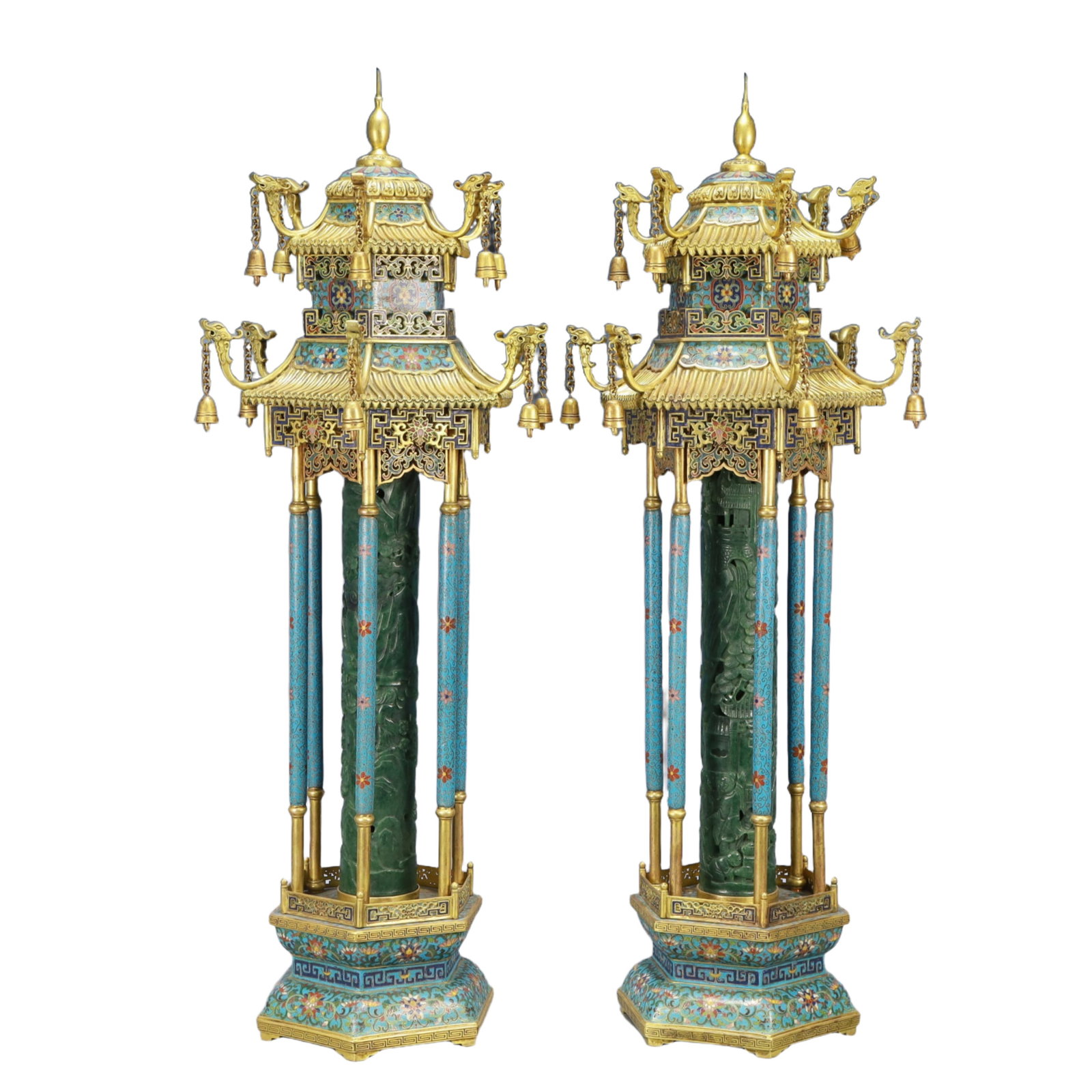 A Pair of Exquisite Cloisonne Inlaid Jasper Flower Pattern Pagodas: A Pair of Exquisite Cloisonne Inlaid Jasper Flower Pattern Pagodas,Qing Dynasty, China,Qianlong Four-character Mark,Size：6.7inx29.1in; Weight：16100g 一对景泰Ŕ
