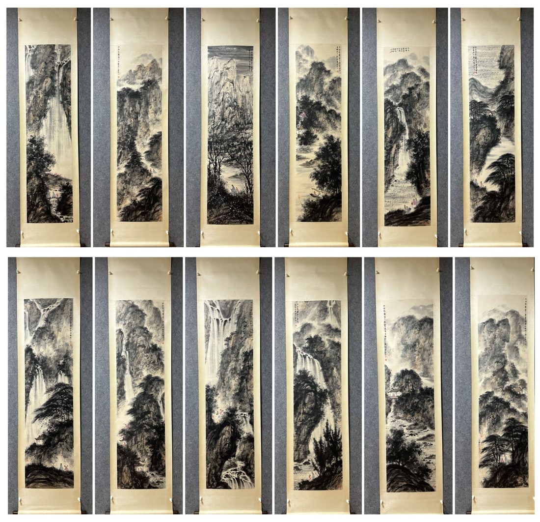 A Set of Exquisite Chinese Vertical Scroll Ink Painting of Landscape and Figure on Paper: A Set of Exquisite Chinese Vertical Scroll Ink Painting of Landscape and Figure on Paper,Fu Baoshi,Size:70.1inx18.1in*12 一套中国水墨山水人物