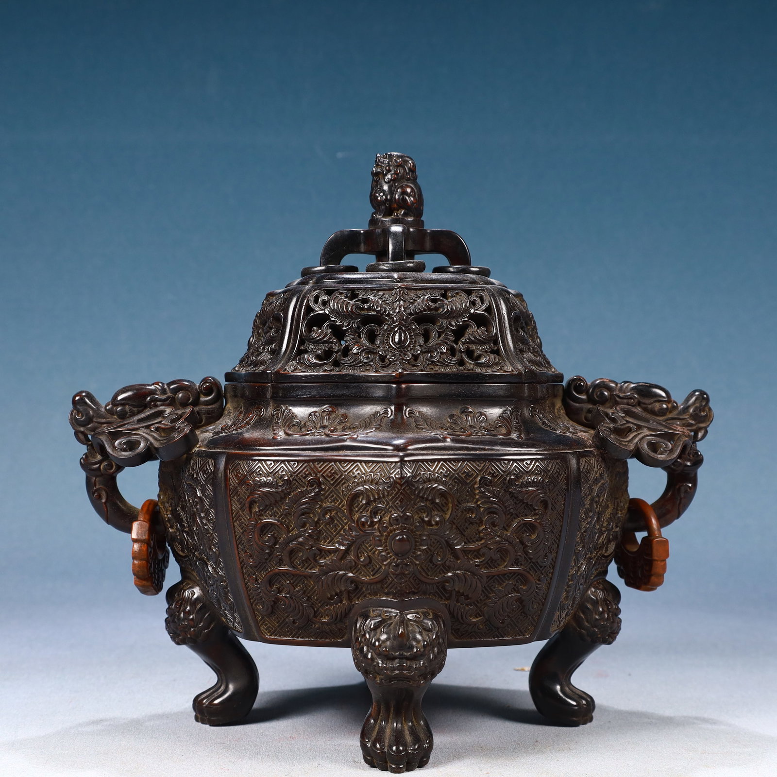 An Exquisite Zitanwood Lotus Pattern Beast-Ears and Tripod Censer: An Exquisite Zitanwood Lotus Pattern Beast-Ears and Tripod Censer,Qing Dynasty, China,Qianlong Four-character Mark,Size:9.8inx6.7inx9.1in,Weight:1150g 紫檀木缠枝莲&