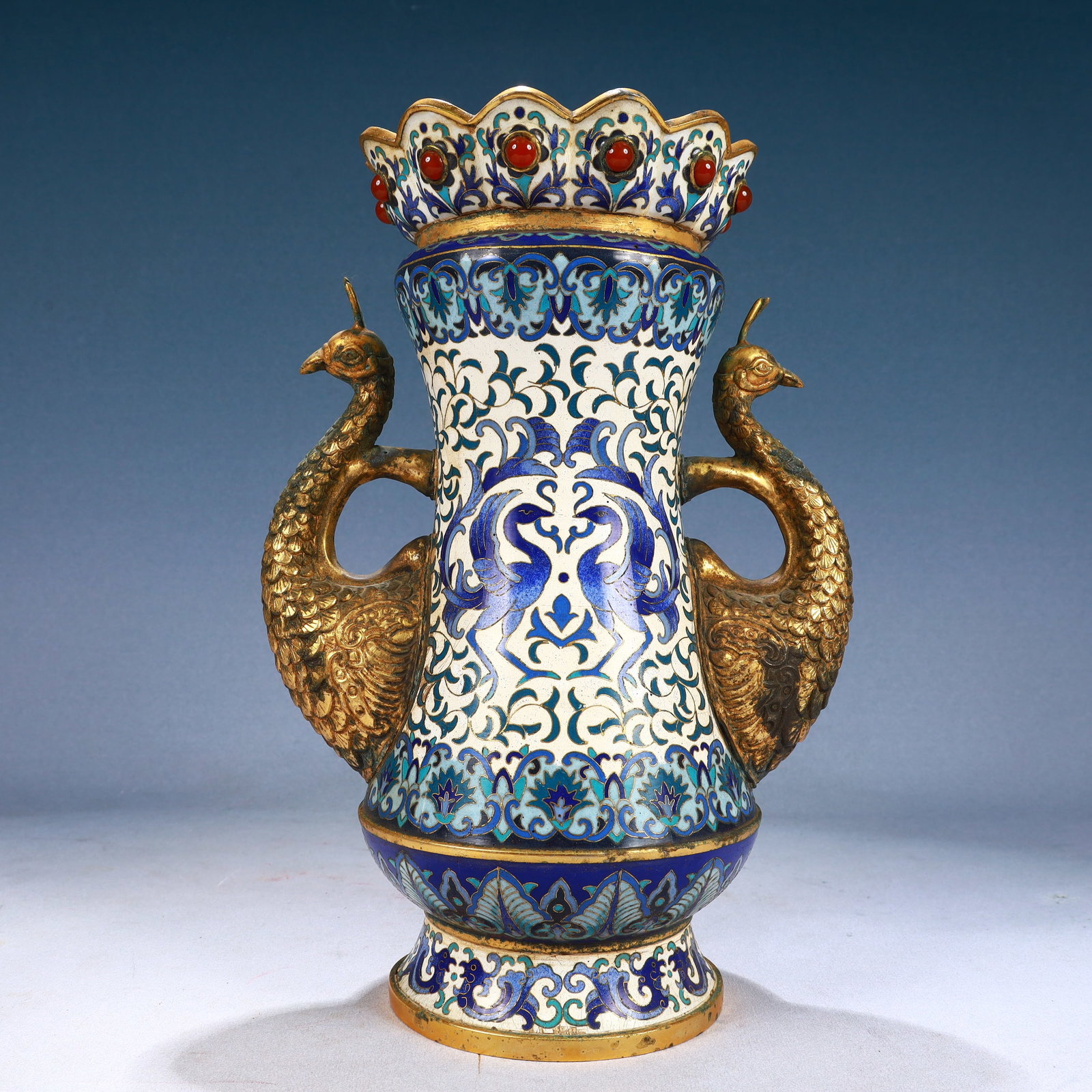 A Rare Cloisonne Phoenix Pattern Phoenix-Ears Vase,Inlaid Gems: A Rare Cloisonne Phoenix Pattern Phoenix-Ears Vase,Inlaid Gems,Qing Dynasty, China,Size:8.7inx5.9inx12.6in,Weight:2150g 景泰蓝凤纹凤耳瓶,嵌宝