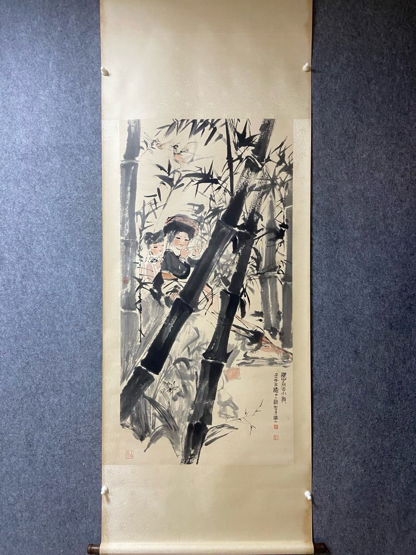 An Exquisite Chinese Vertical Scroll Ink Painting of Landscape and Figure on Paper: An Exquisite Chinese Vertical Scroll Ink Painting of Landscape and Figure on Paper,Cheng Shifa,Size:53.9inx27.2in 一幅中国水墨山水人物ஹ